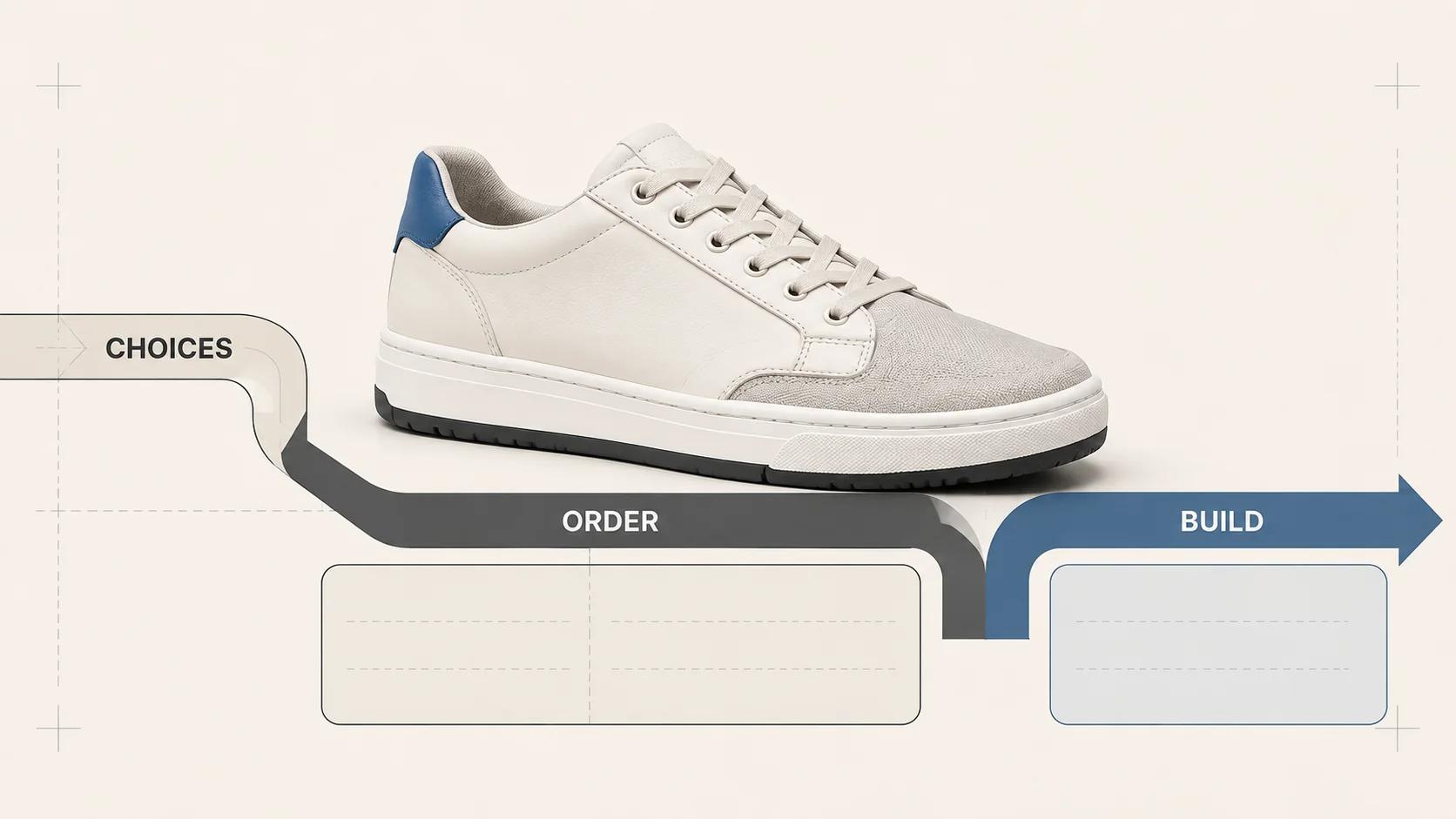 A single athletic shoe connects broad choice, order and build rails, showing that the visual state must resolve into a controlled order and production output.