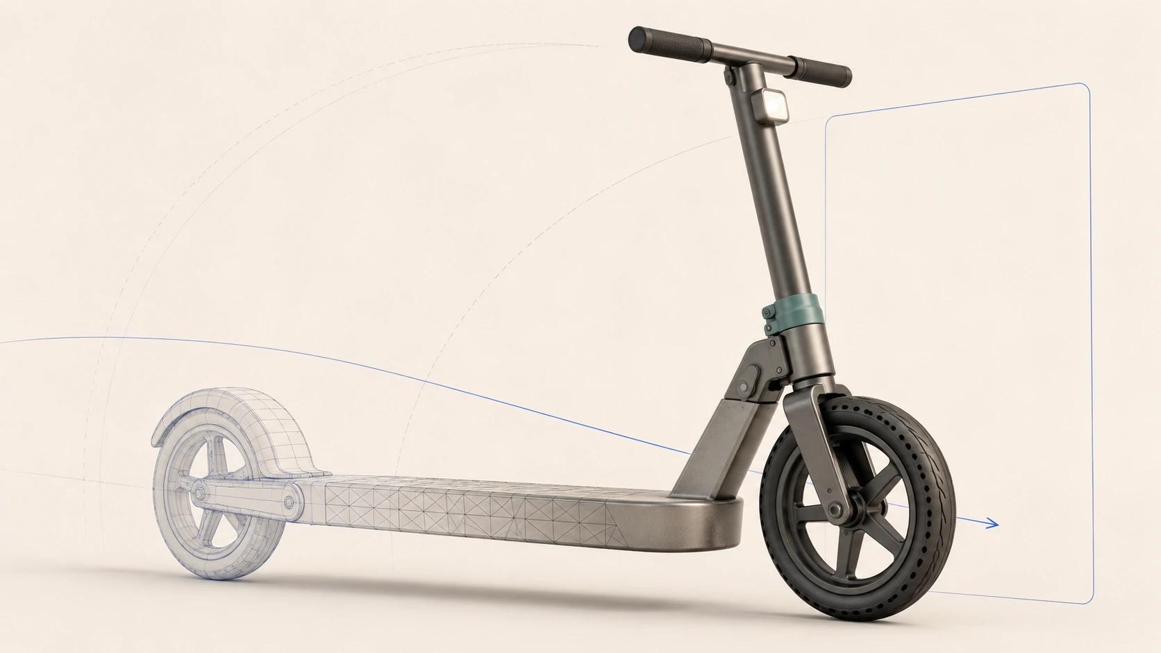 A folding scooter changes from smooth CAD curves to visible triangles and finished real-time materials, showing that web delivery changes representation.