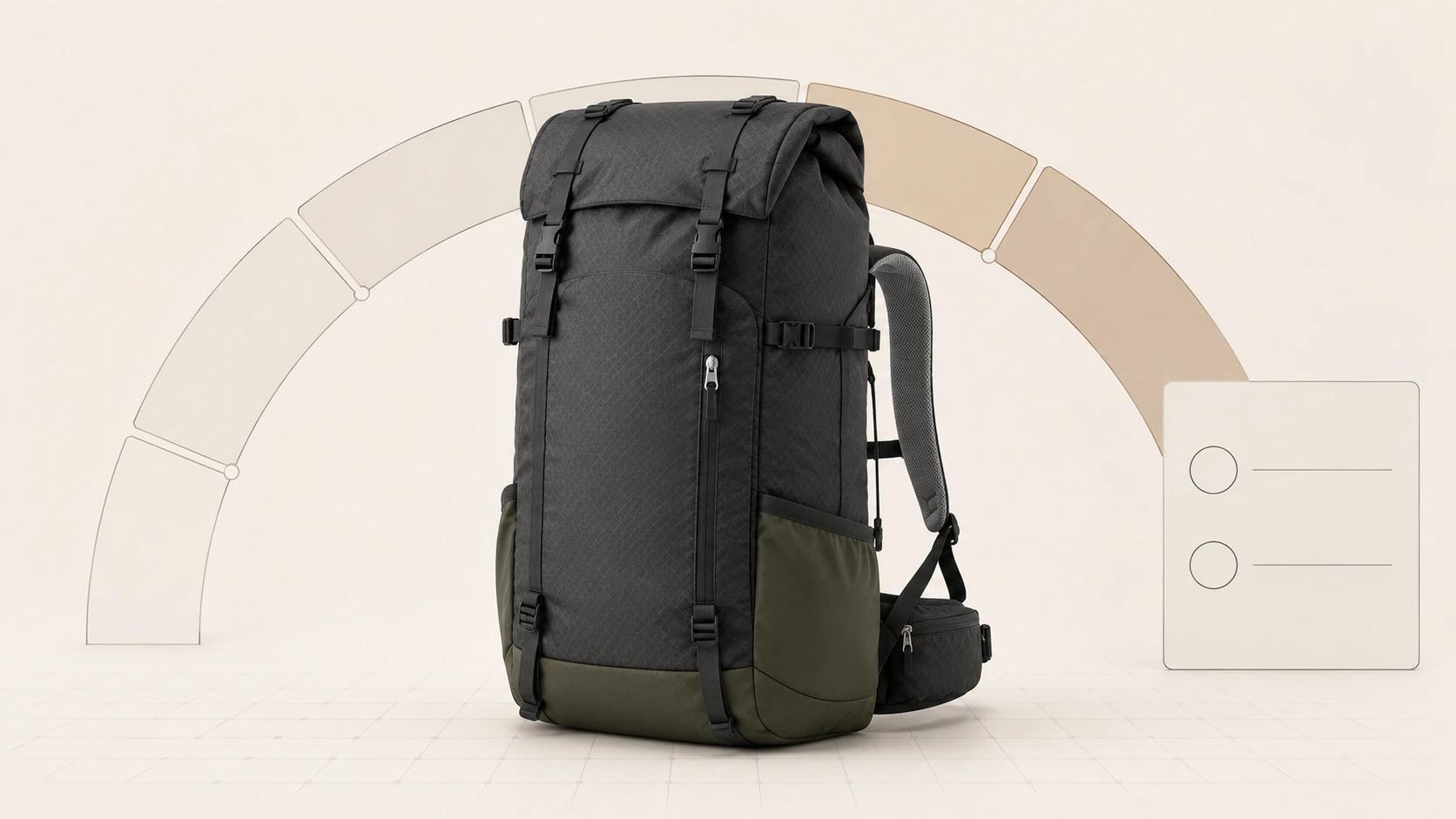 A hiking backpack stands before a segmented evaluation arc beside a blank brief card, framing studio comparison around one product brief.