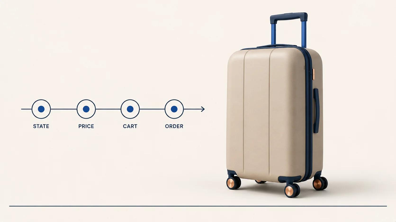 A configurable carry-on case sits beside one controlled rail that moves accepted product state through price, cart and order.