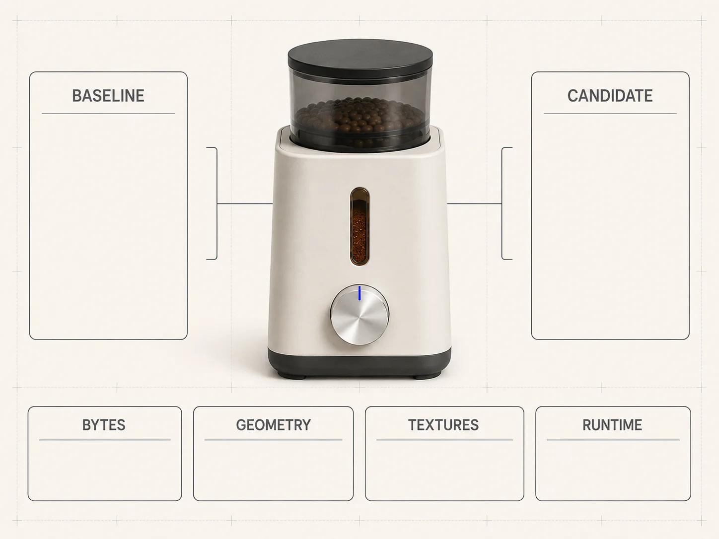 A single coffee grinder sits between baseline and candidate report frames, with separate neutral rails for bytes, geometry, textures, and runtime evidence and no implied pass.