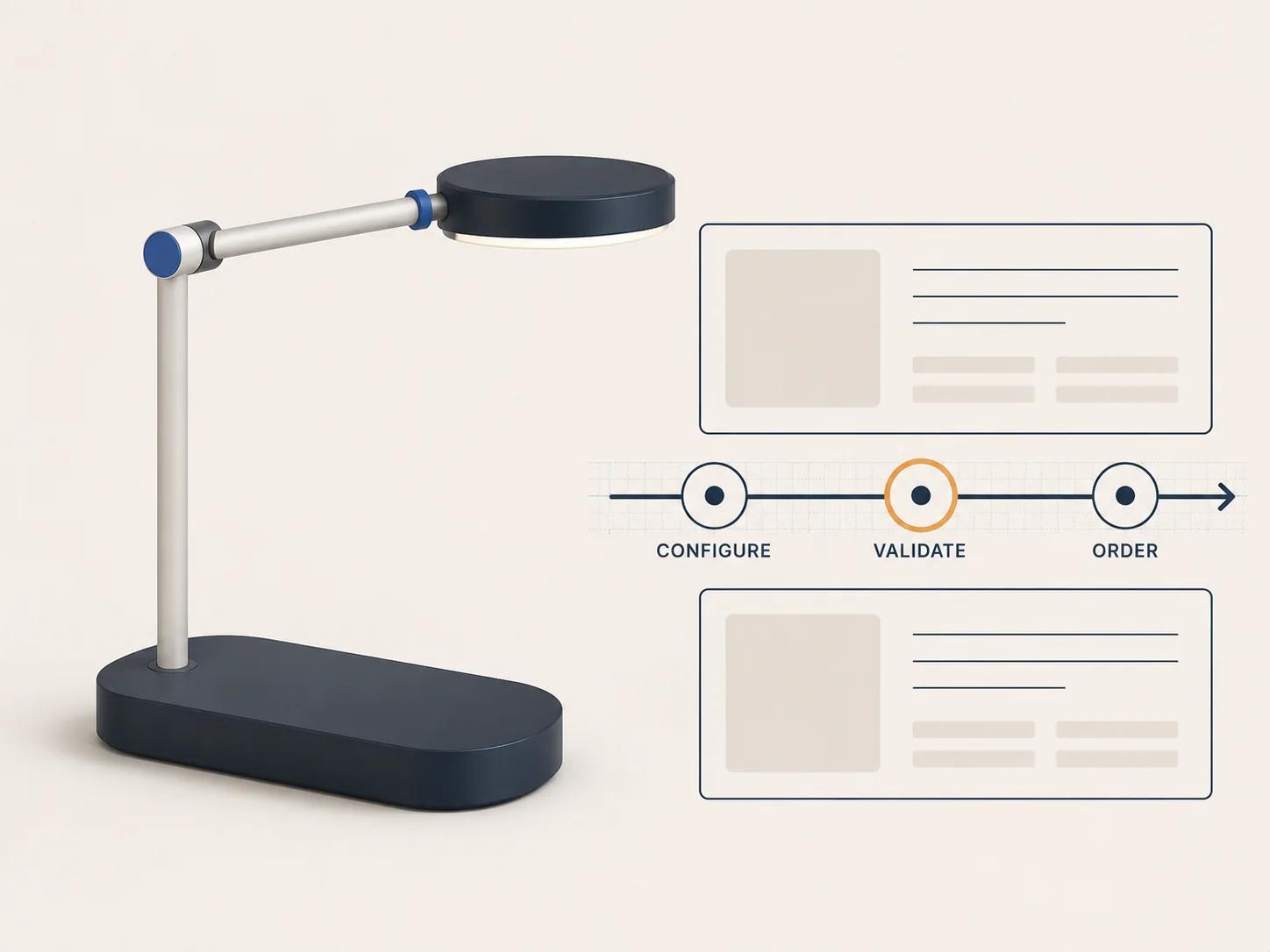 One configured task lamp sends a resolved state through server validation before a structured order record is created.