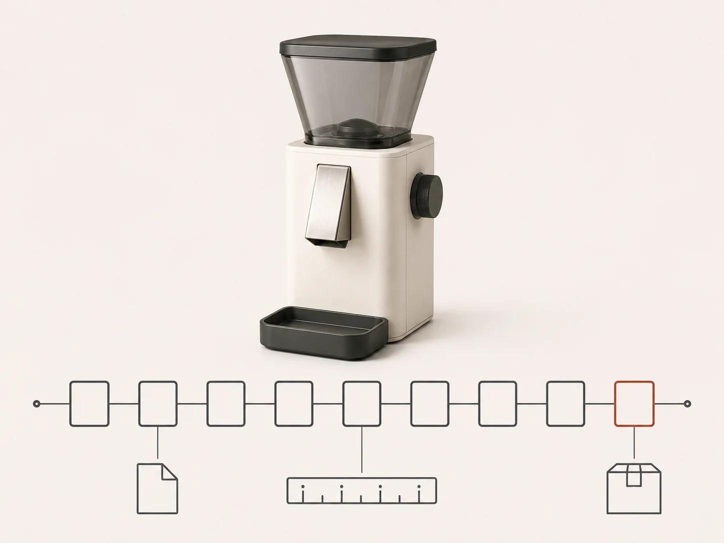 A coffee grinder sits above a dependency rail linking document, timed-cut and delivery-package evidence through open geometric review gates.