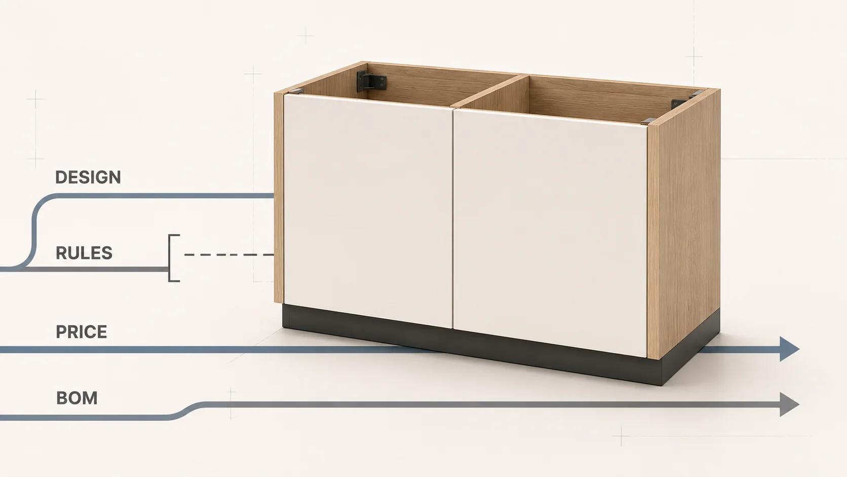 One base cabinet sits across separate design, rules, price and BOM rails, showing that a cabinet CAD model needs governed commercial and manufacturing logic before release.