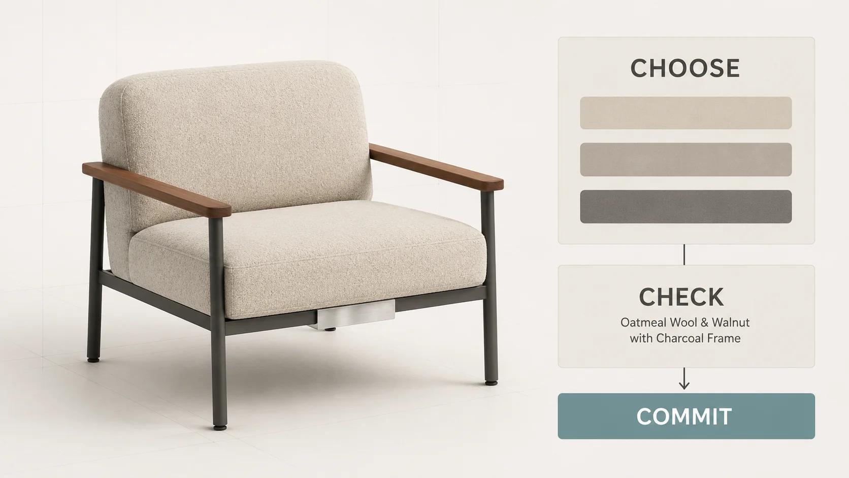 A modular lounge chair sits beside a short path from valid choices to a checked configuration and commercial handoff, showing that the 3D product is one part of the experience.