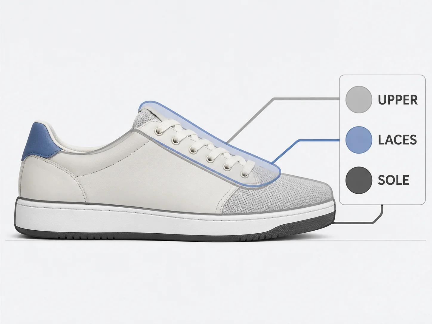 A single athletic shoe is divided into upper, laces and sole zones, with each zone connected to a simple rule key to show controlled visual and production ownership.