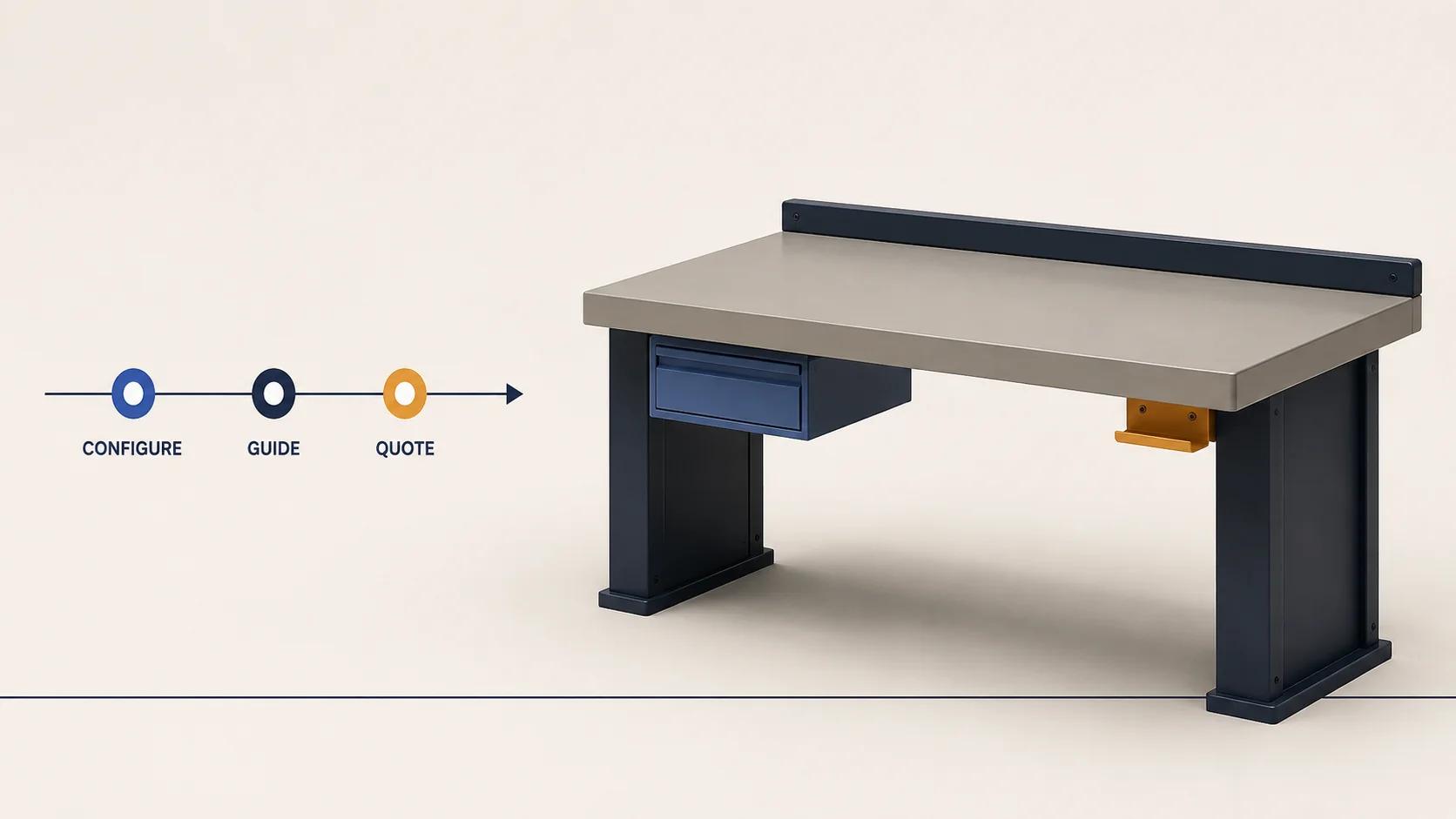 A modular workbench sits beside one decision rail that progresses from configuration through guided selection to a governed quote.