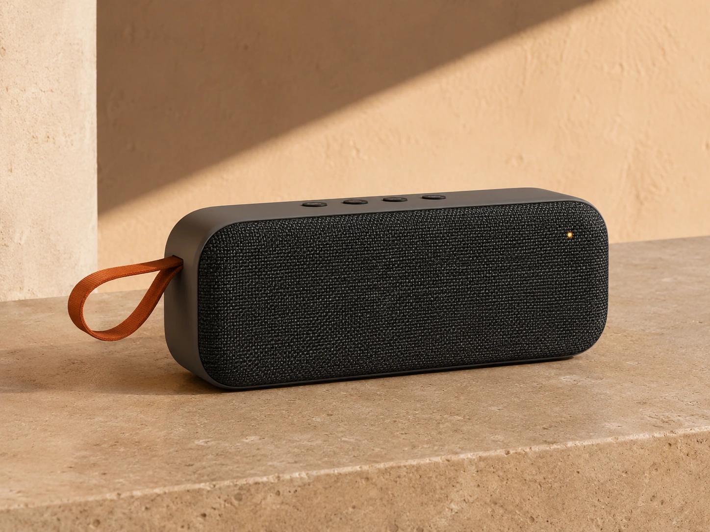 A portable speaker with an orange loop sits on a warm stone ledge against a sunlit textured wall, establishing scale and setting without capability cues.