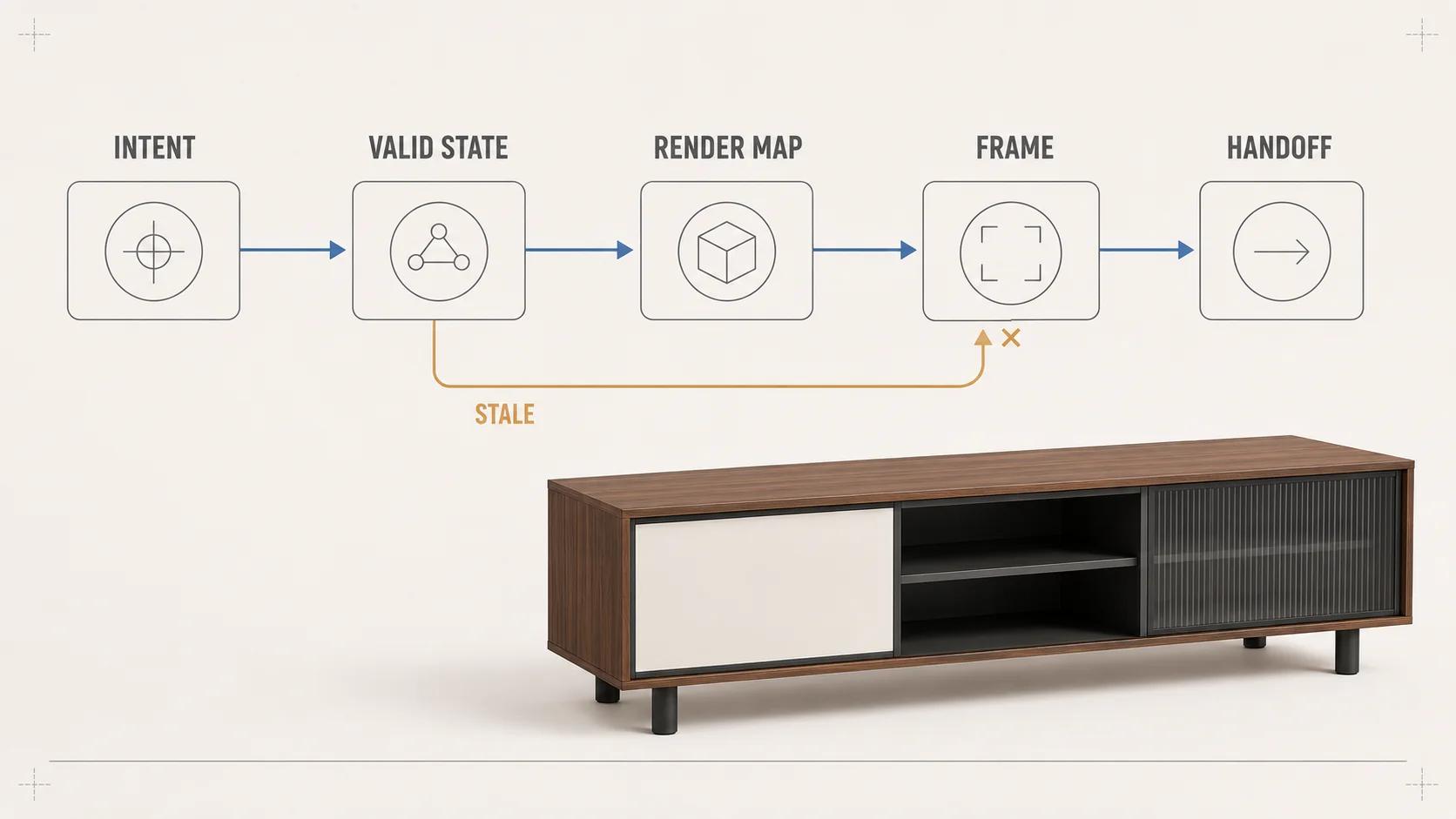 One media console anchors a sequence from intent to valid state, render map, frame and handoff, while a late stale response is diverted outside the committed path.