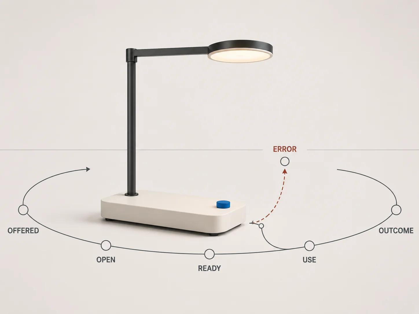A single adjustable desk lamp sits beside separate offered, open, ready, use and outcome gates, with an error branch leaving the path before later states can be counted.