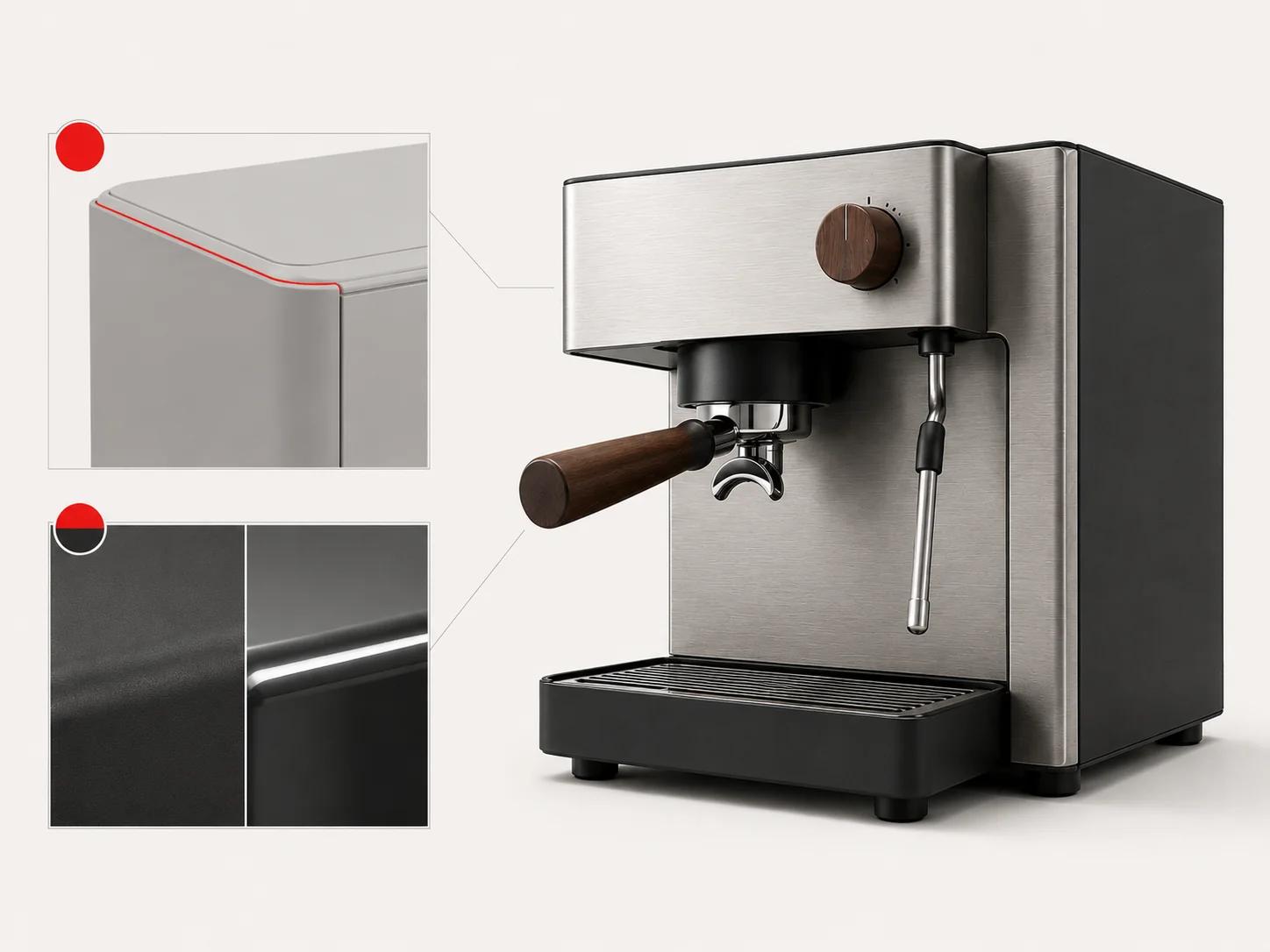 A dominant approved espresso-machine render is paired with one geometry correction view and one finish comparison, separating corrections from direction changes.