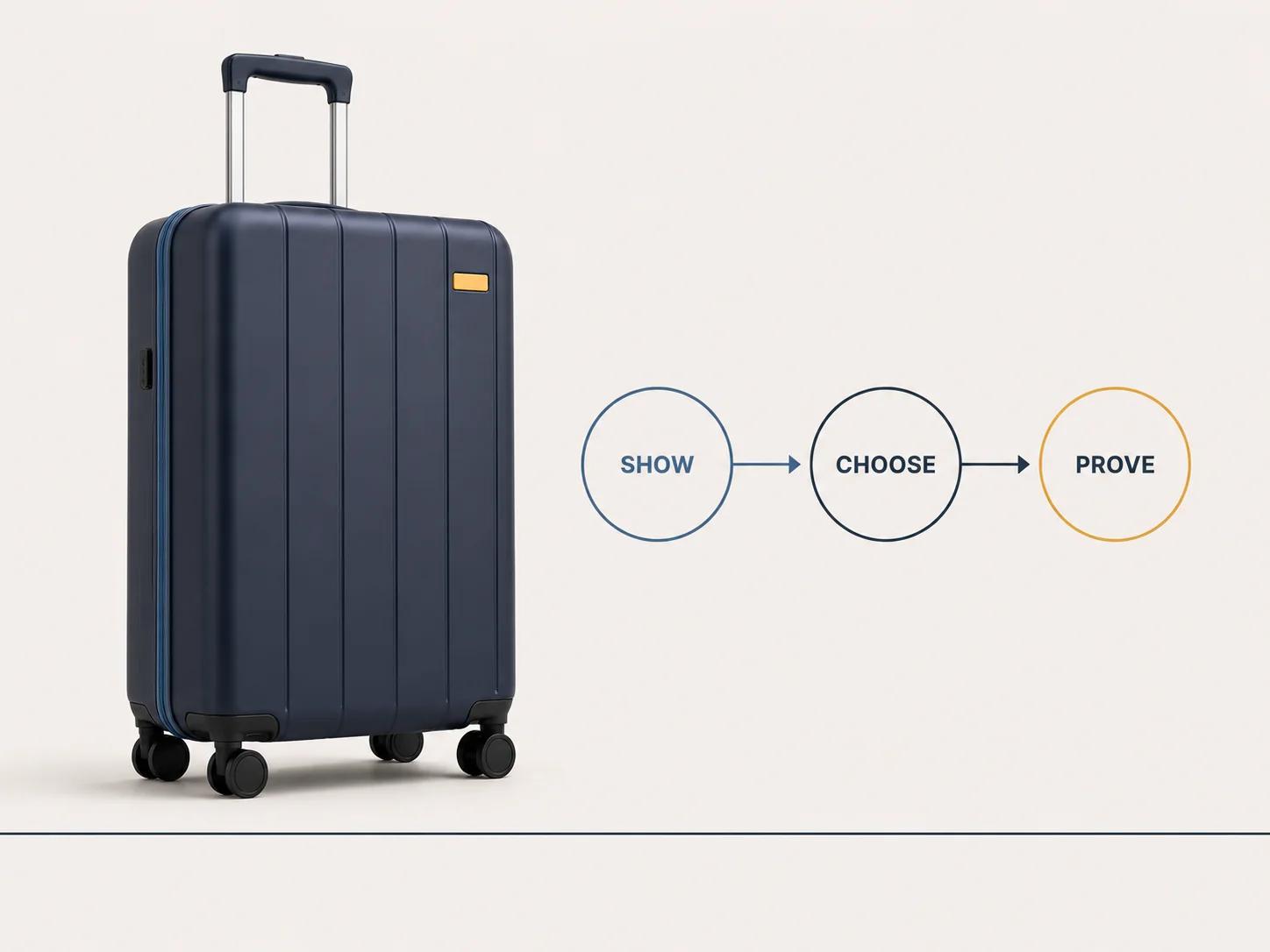 A modular suitcase moves through show, choose and prove gates from storefront presentation to a reconstructable production-ready order.