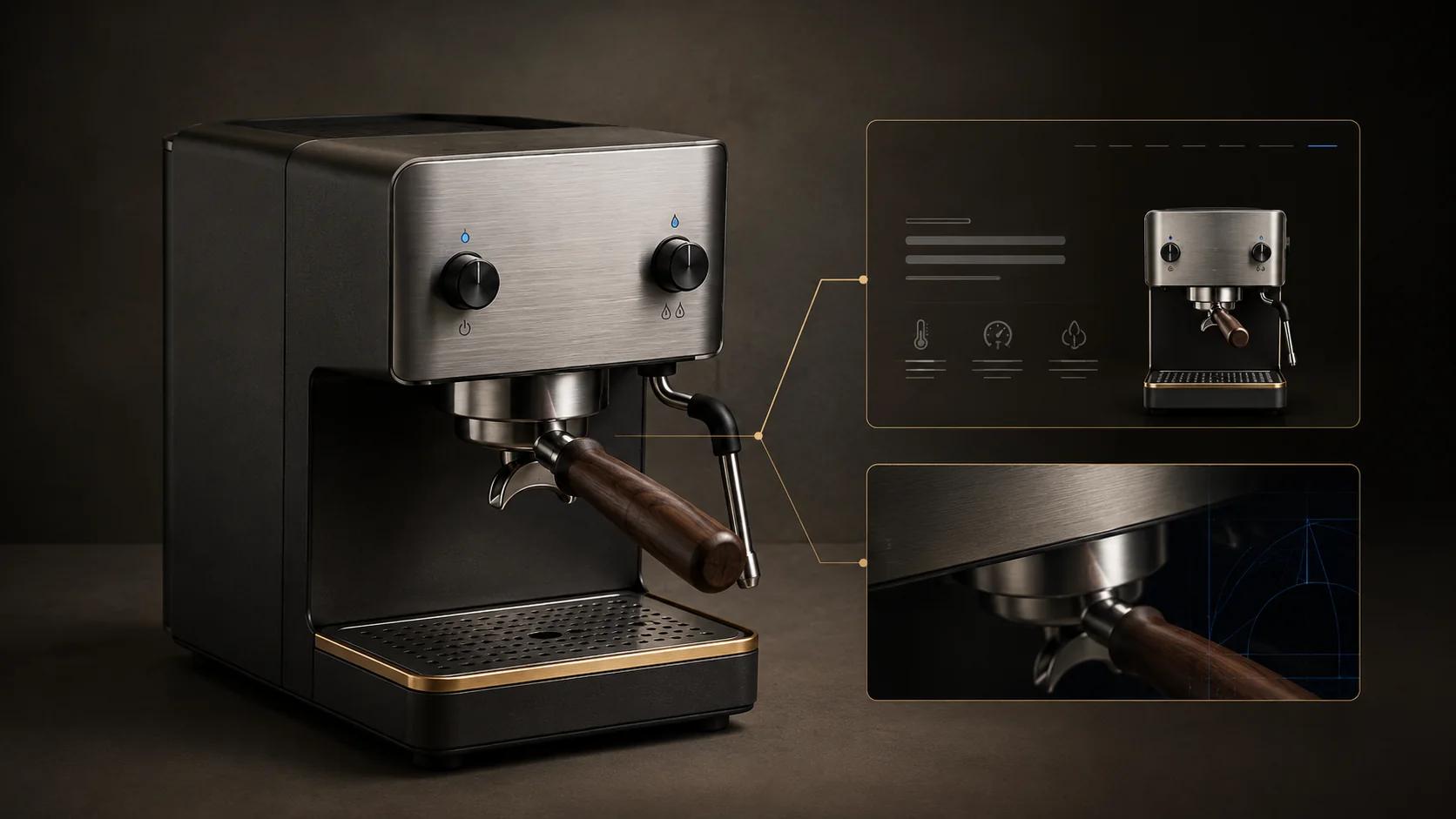 An espresso-machine master asset beside controlled product-page and campaign outputs, showing shared product truth with separate channel releases.