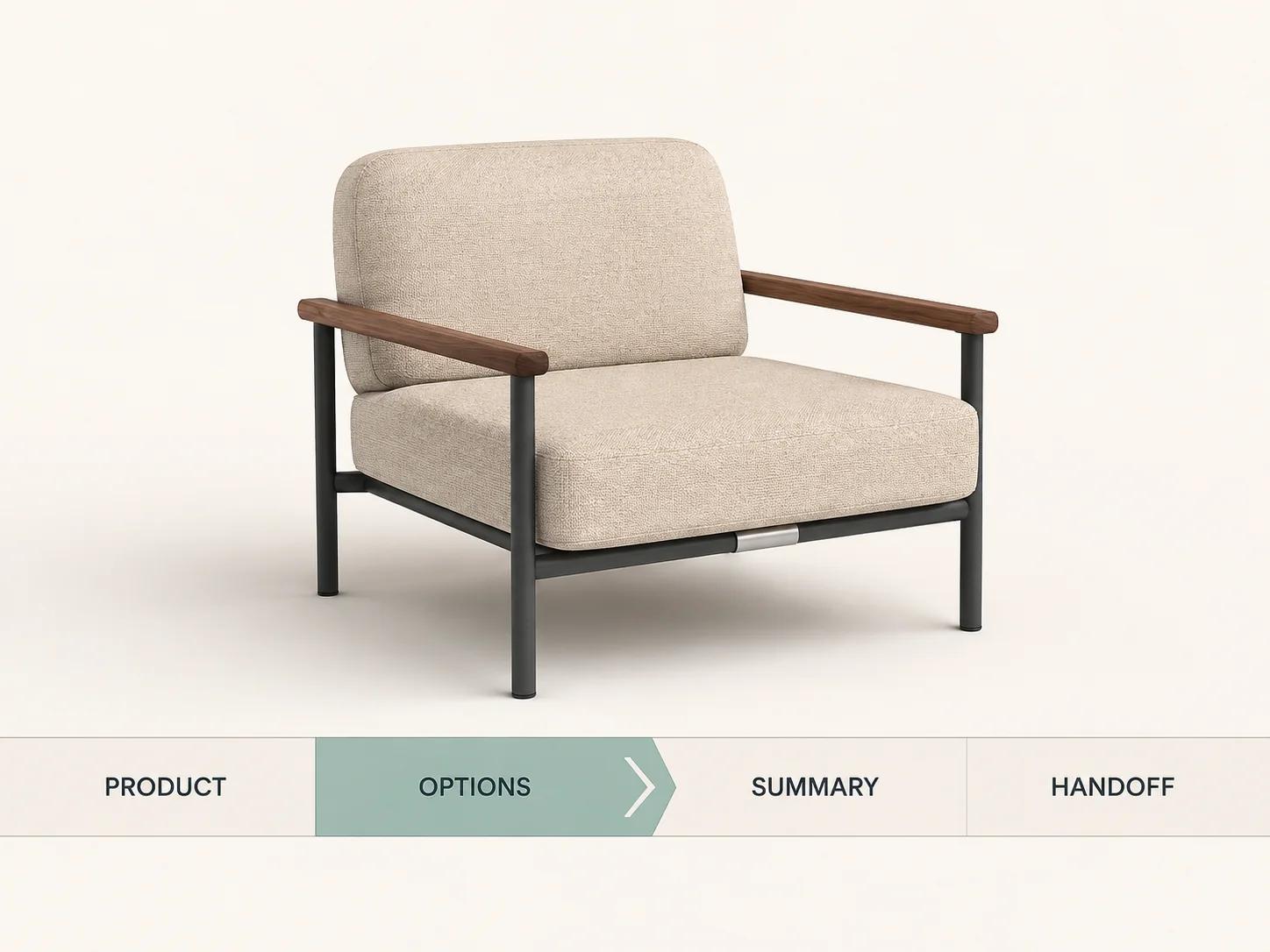 A single modular lounge chair stays visible as a four-step path moves from product selection to options, summary and handoff.