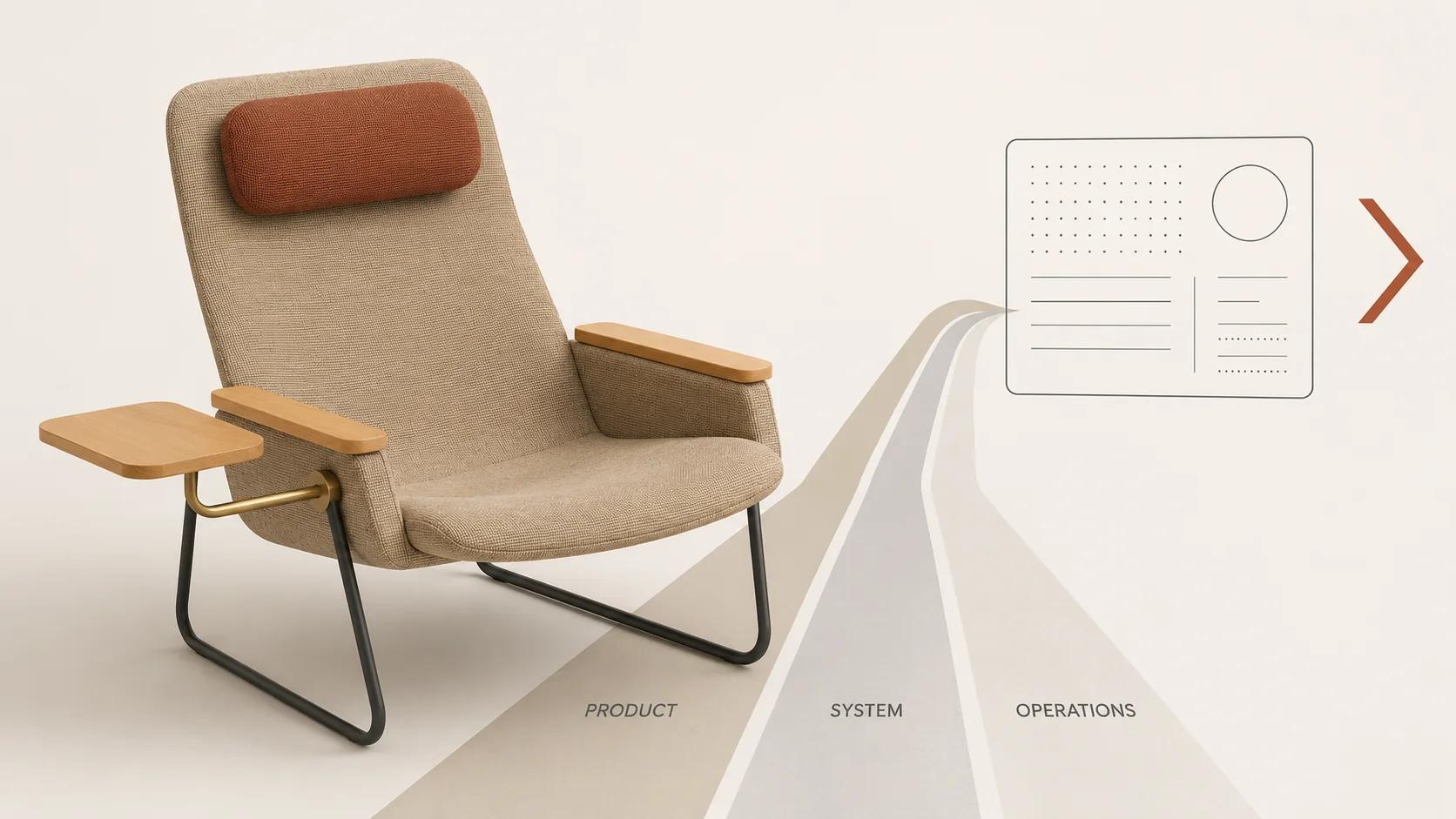 A modular lounge chair sits where product, system and operations evaluation lanes meet, showing that software fit depends on more than visual features.