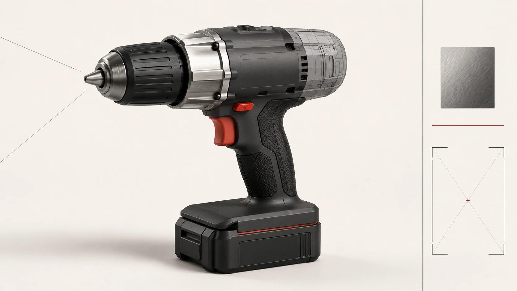 A cordless drill moves from neutral geometry to approved graphite, aluminum, black and vermilion finishes, with a material sample and camera crop marking scope inputs.