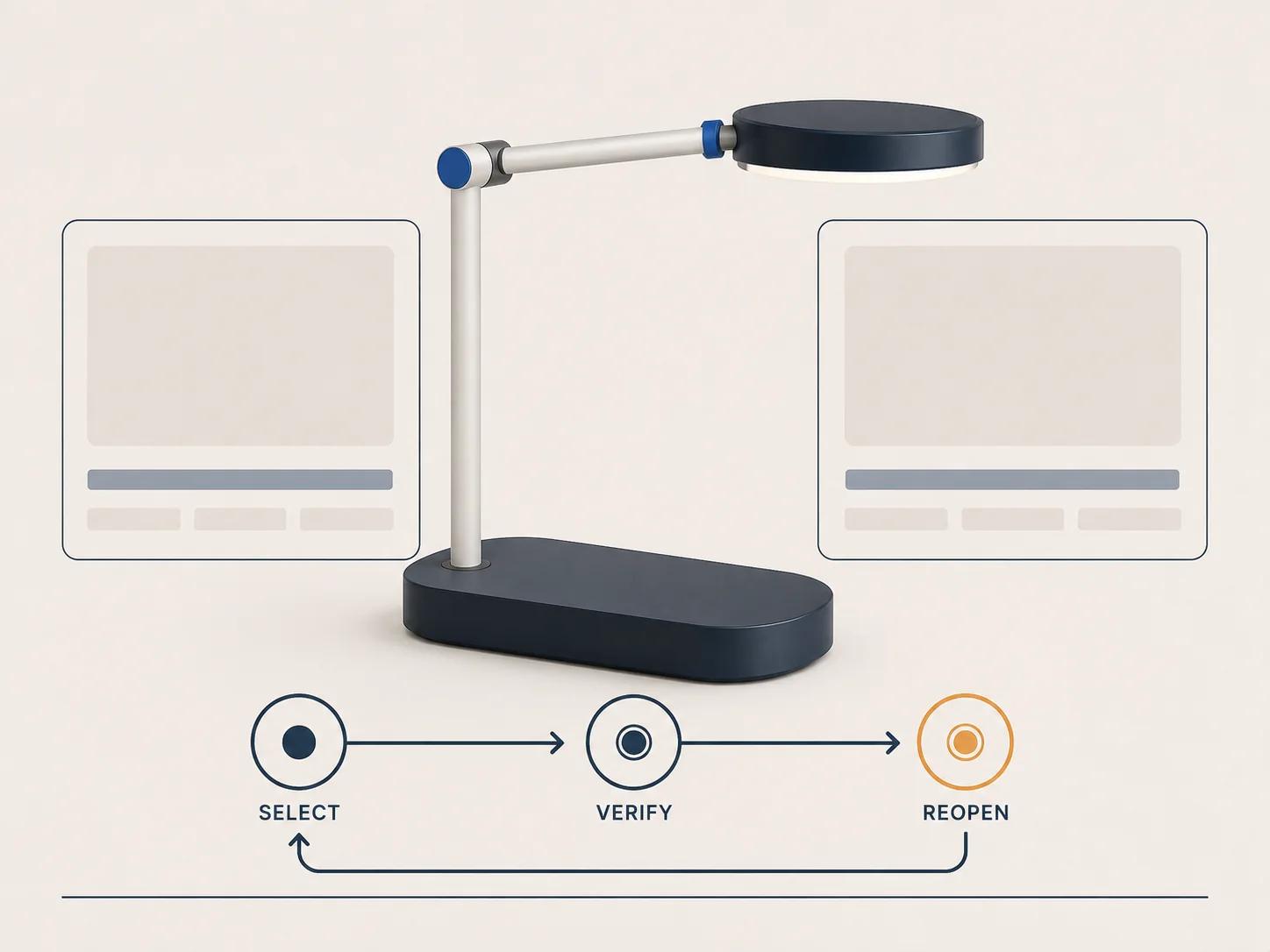 A task lamp moves through selection, verification and reopen gates in a round-trip test from product state to stored order evidence.