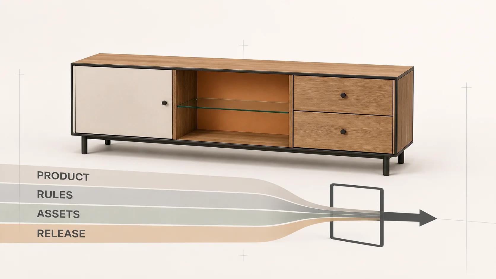A modular console sits where product, rules, asset and release rails converge, showing that configurator delivery depends on coordinated workstreams.