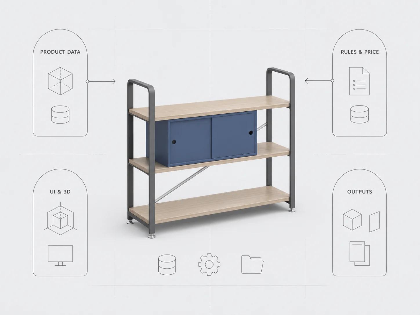 A modular shelving console passes through product data, rules and price, UI and 3D, and output arches, keeping the renderer separate from product authority.