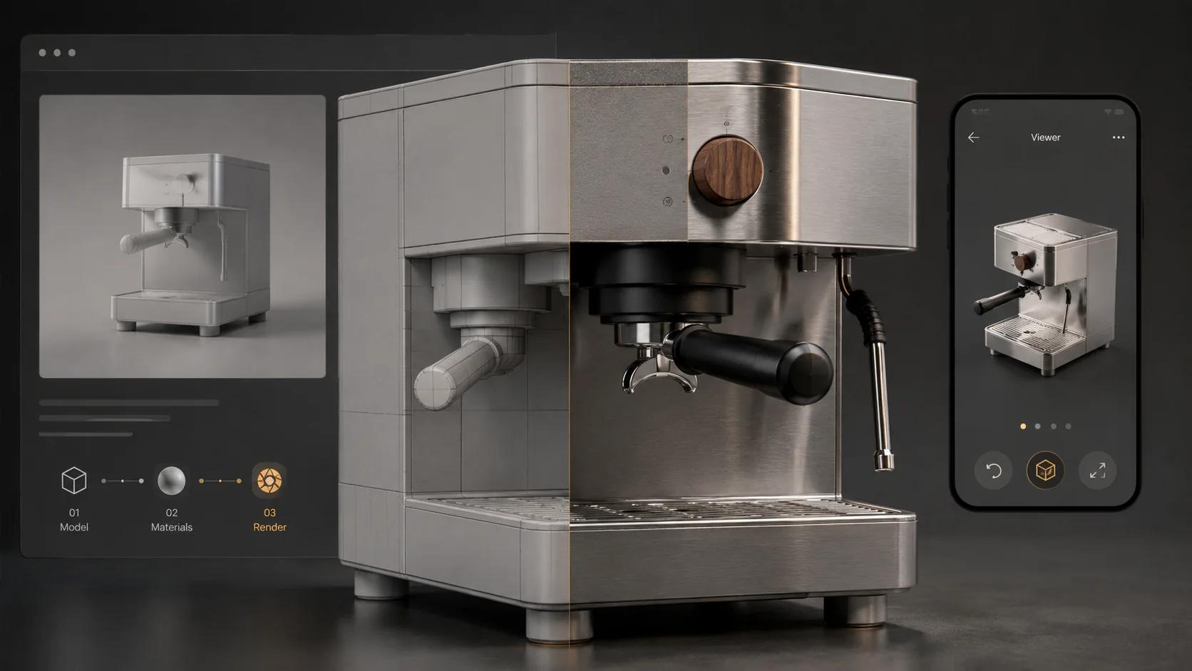 A commerce product shown as one controlled 3D asset transitioning from clean geometry to finished materials, with still-image and mobile-viewer outputs beside it.