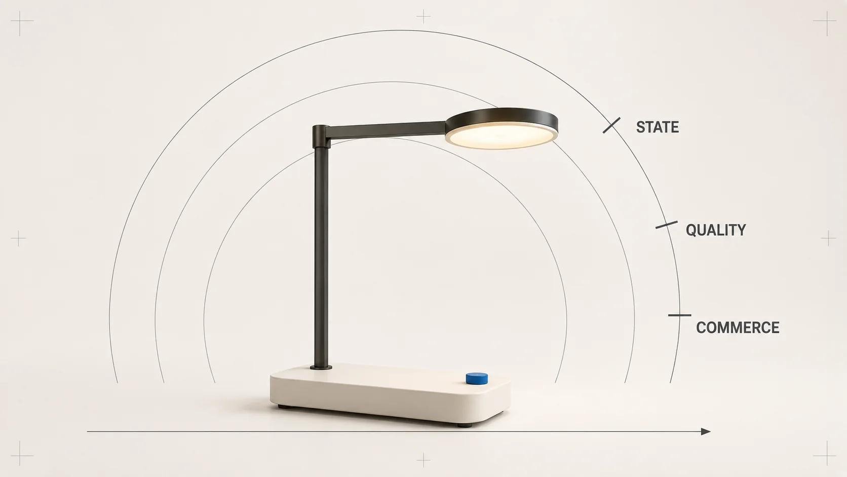 Adjustable desk lamp inside separate state, quality and commerce arcs, showing that availability, usable performance and a later commerce action need different evidence.