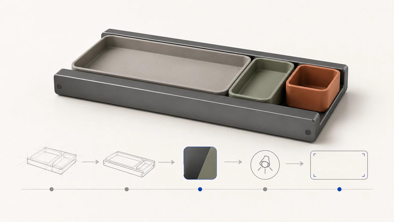 A modular organizer remains the central product while a five-stage rail moves from loose concept lines through engineering geometry and approved materials to a commerce frame.