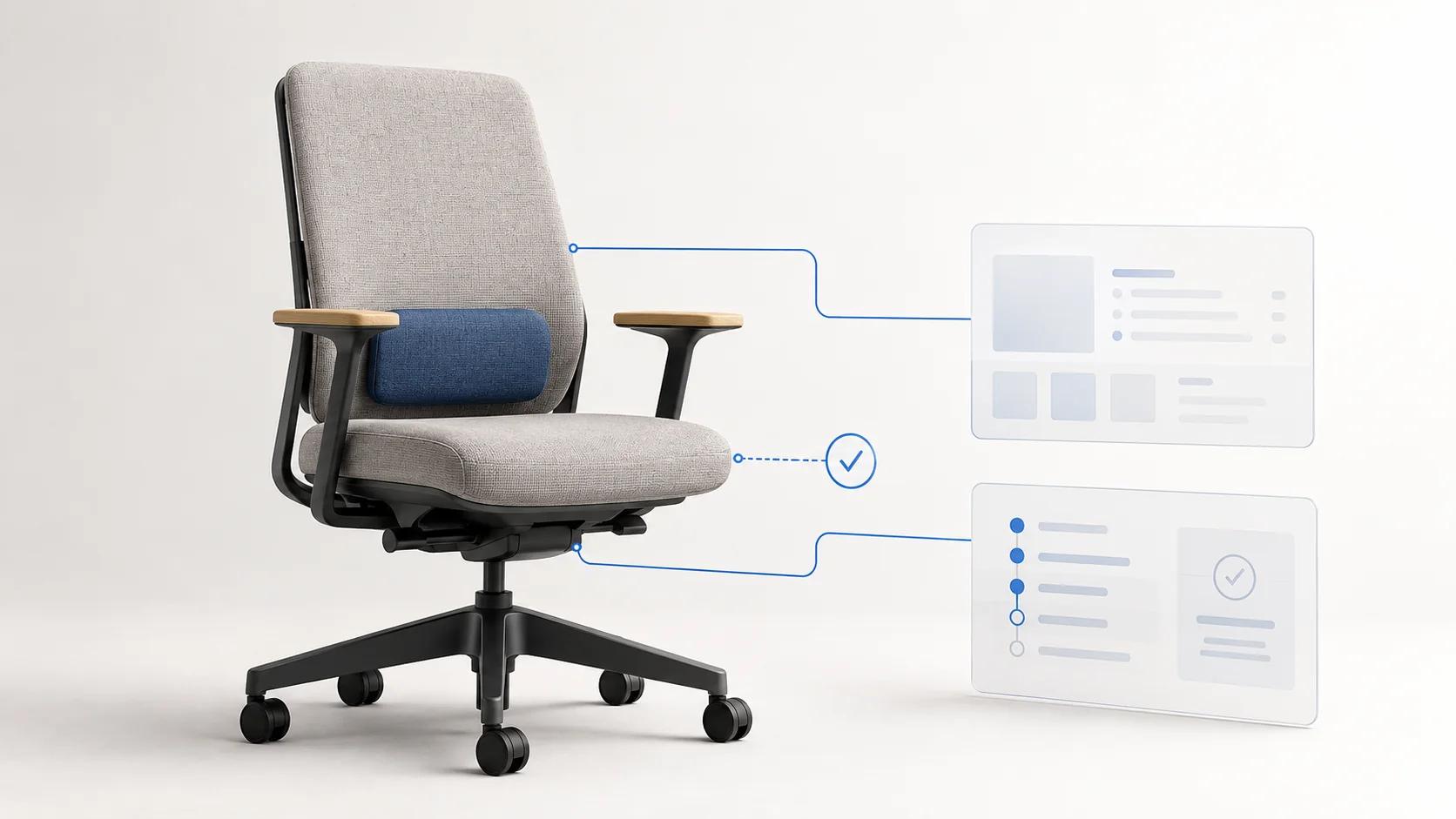 Configured task chair connected to separate catalog and cart-approval records, showing the three-system handoff behind visual CPQ.