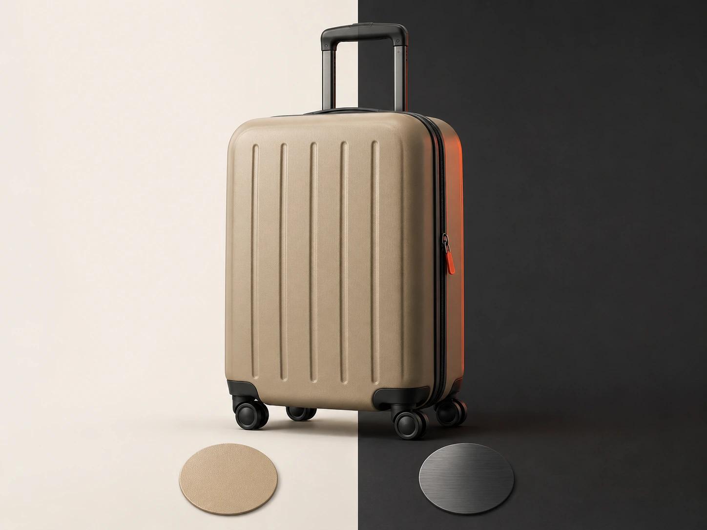 One unchanged suitcase crosses a neutral listing-light zone and a darker campaign-light zone while its ribs, handle, wheels and finish stay aligned.