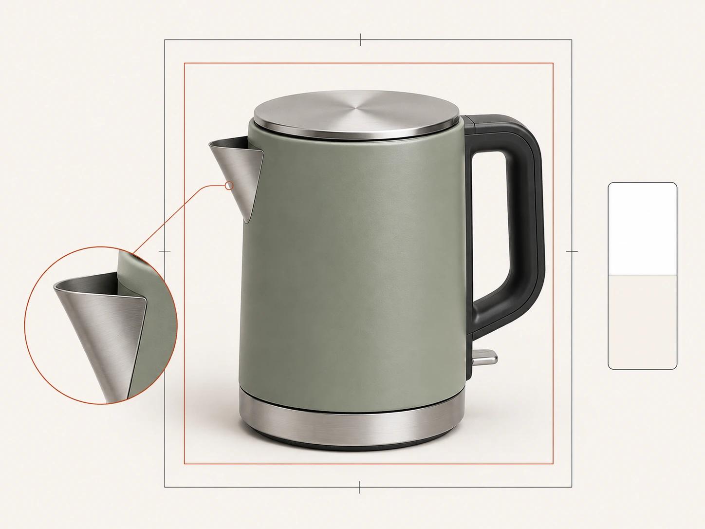 A sage-green kettle sits inside two nested crop guides, with a magnified spout edge and a separate pure-white to warm-white background swatch.