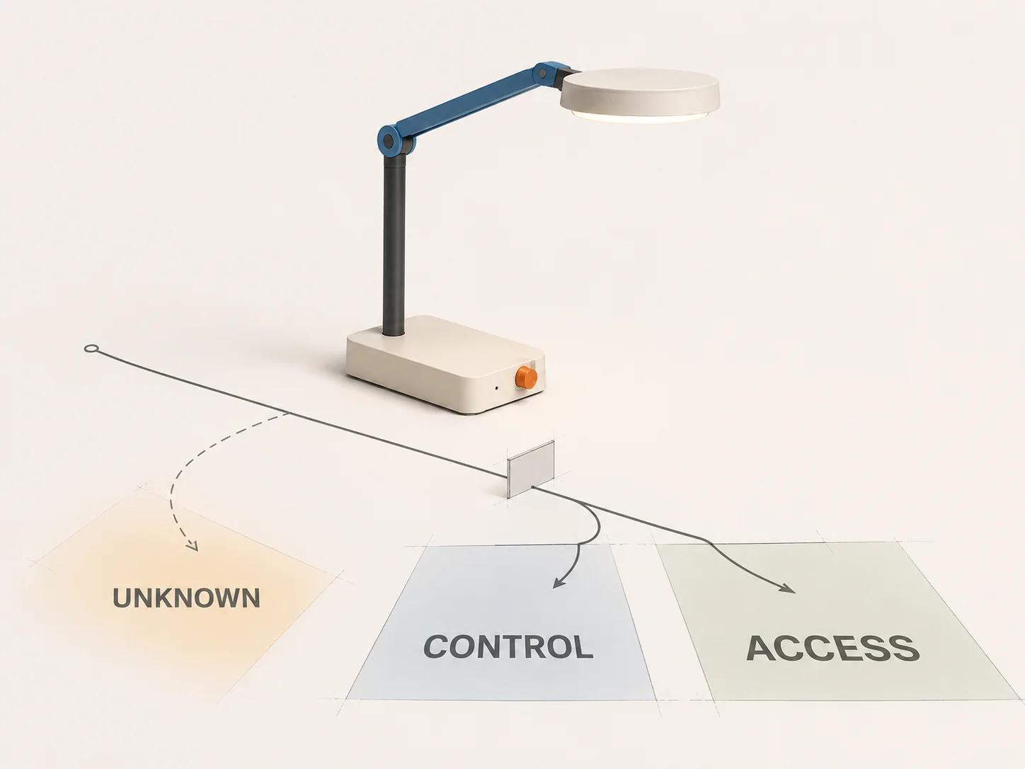 A modular task lamp sits behind separate control and access planes while an unknown branch remains outside the authorized change path.