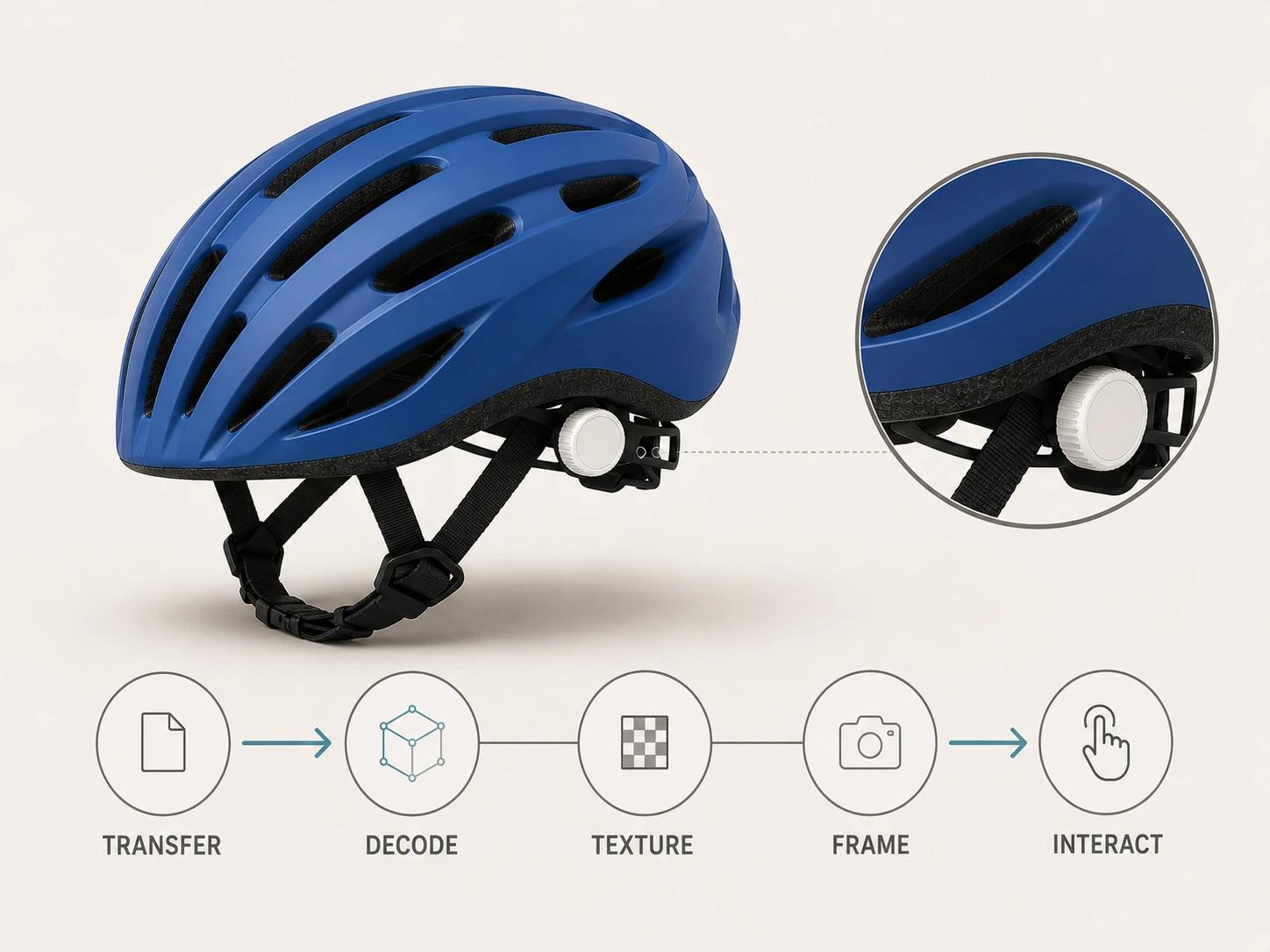 A cobalt helmet sits above a staged rail from transfer through decode and texture processing to first frame and interaction, making the post-download work visible.