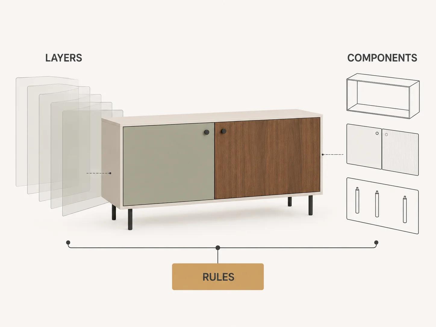 One sideboard connects to reusable image layers on one side and component-material shells on the other, both governed by the same product rules.