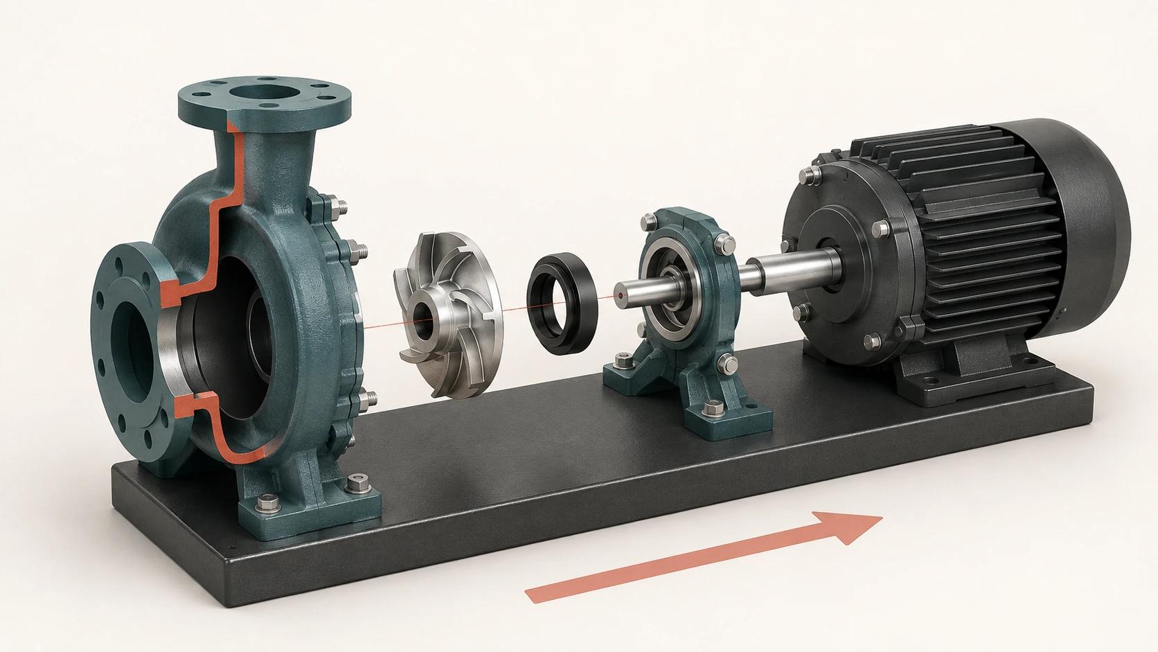 A compact centrifugal pump is exploded along its shaft, with a cutaway volute, separate impeller and seal, and an arrow showing the assembly axis.