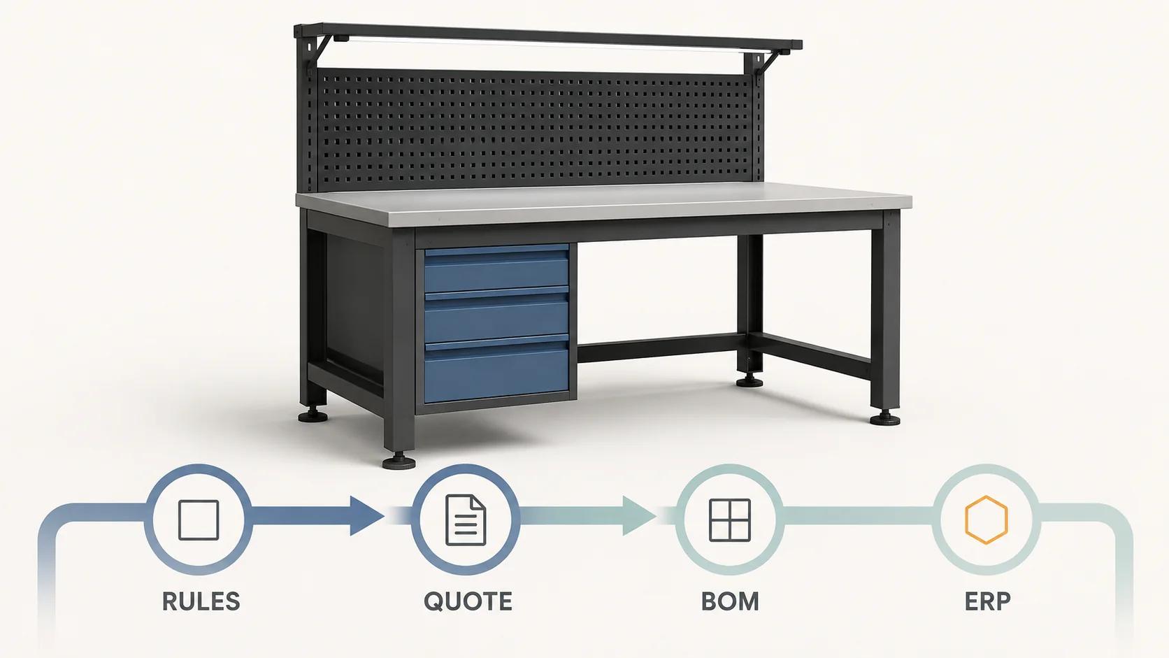 A modular industrial workbench anchors one flow through product rules, quote, BOM and ERP, showing that every stage must share an identifiable configuration.