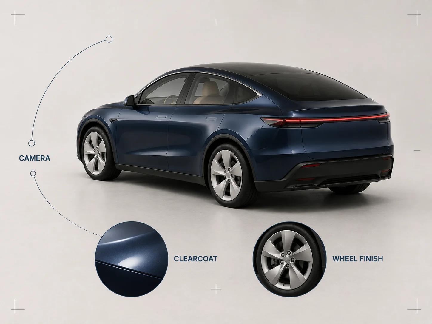 A rear three-quarter crossover view is paired with a short camera arc and close details of navy clearcoat and a silver wheel for runtime visual QA.