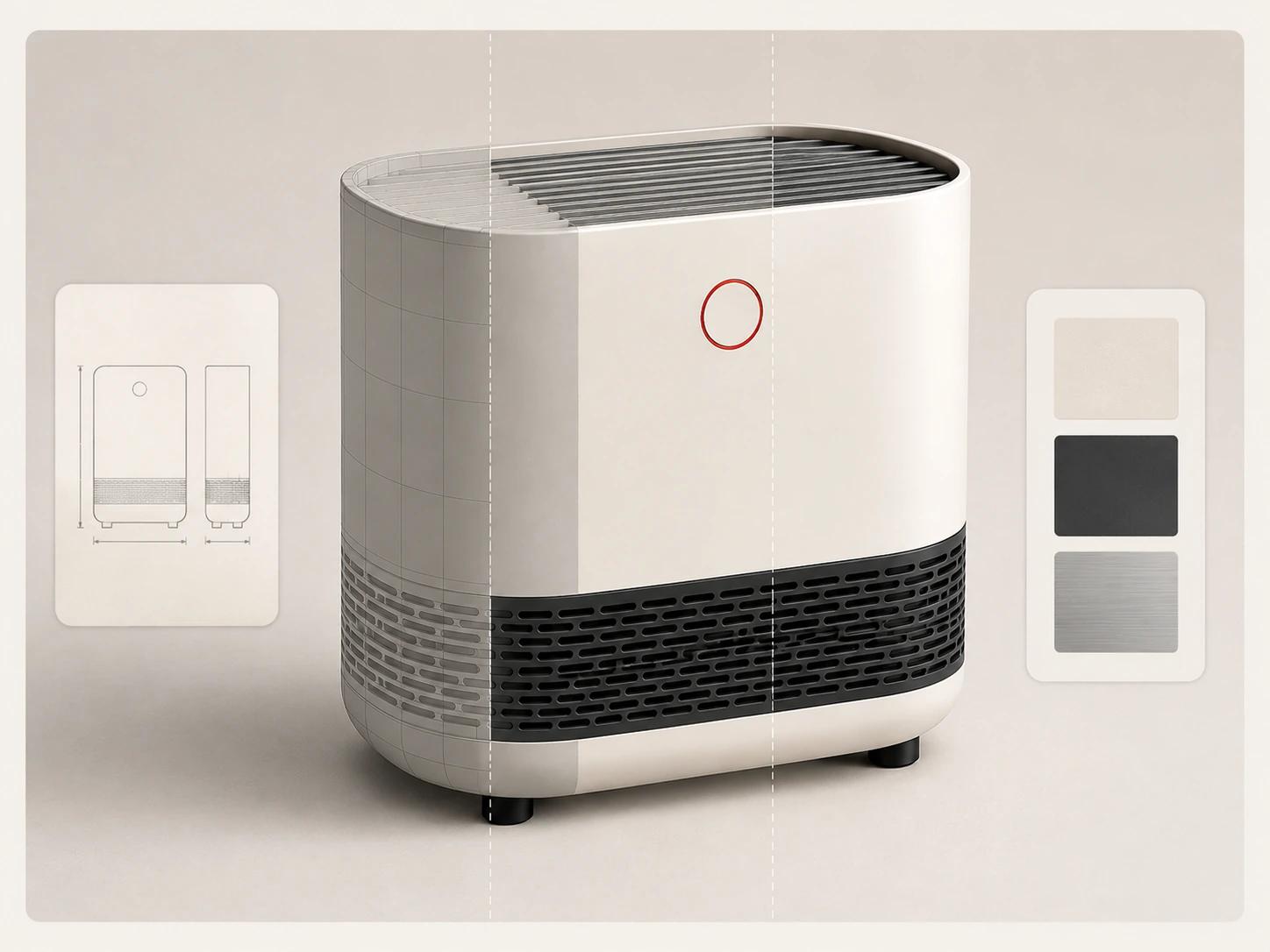 A representative air purifier is inspected for form, difficult materials and final crop conditions before a production tool or partner is chosen.