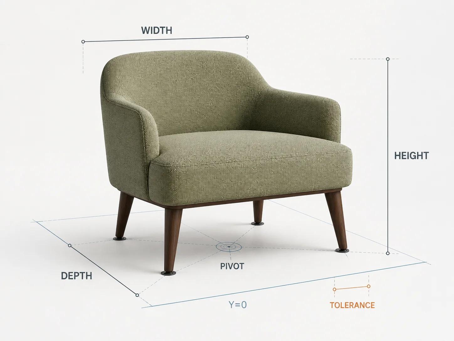 A lounge chair sits on a Y=0 plane with width, depth and height rails, a centred footprint pivot and four marked floor-contact glides.