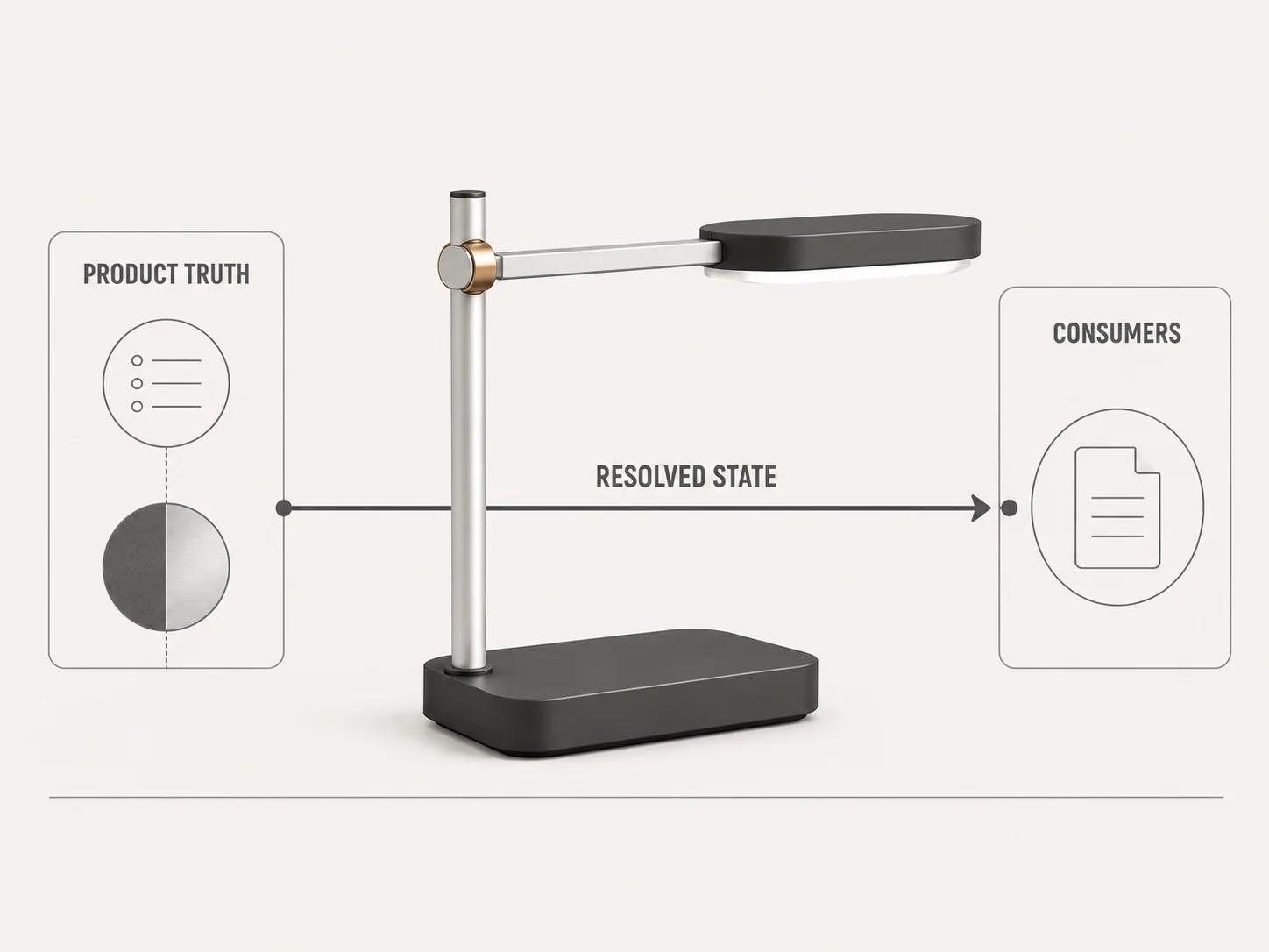 One task lamp receives a resolved state from product truth, while separate visual and transaction consumers use that state without rewriting the rules.