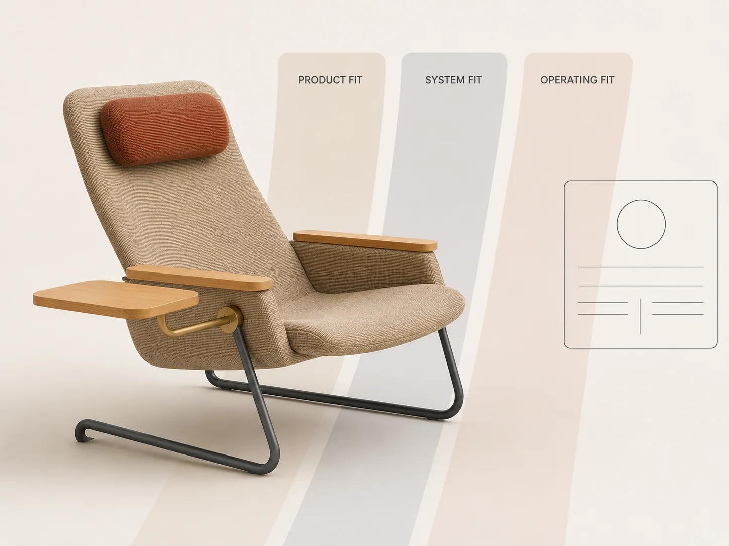 A modular lounge chair is framed by product fit, system fit and operating fit bands, summarizing the scorecard's eight detailed criteria without replacing the table.