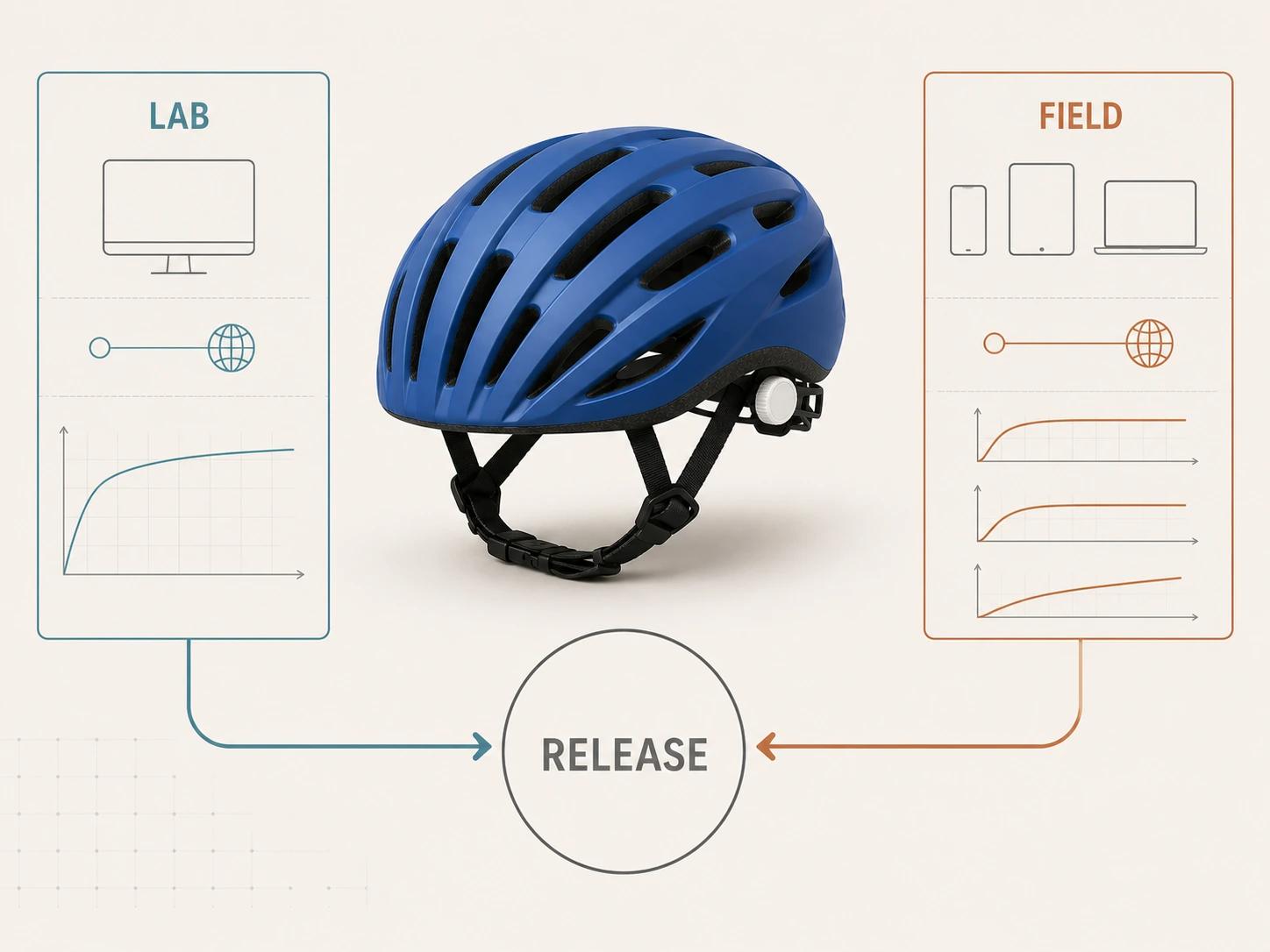 A cobalt helmet is reviewed between a controlled lab setup and a varied field-data panel before both feed an undecided release gate.