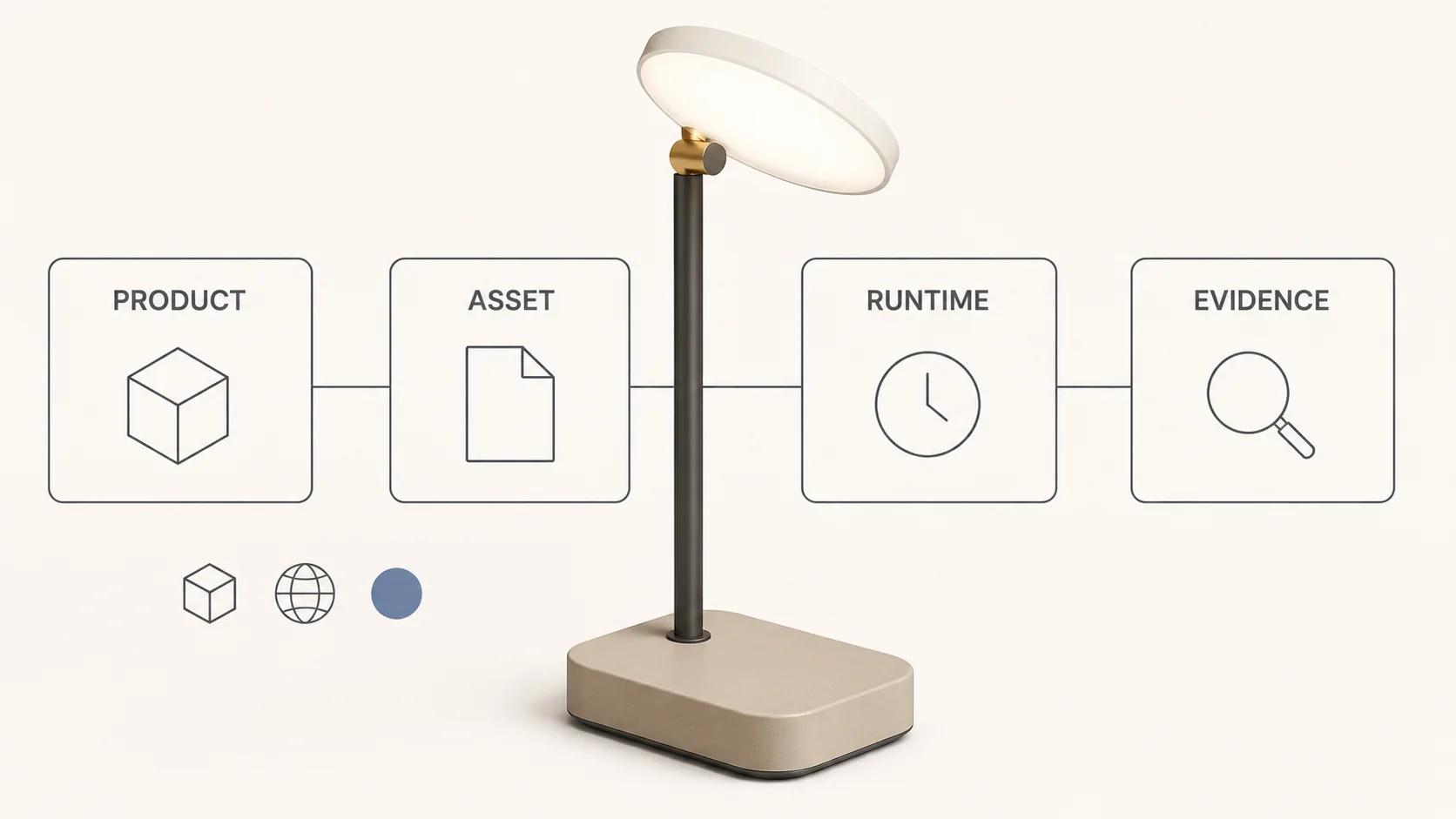 A portable task lamp stands within separate product, asset, runtime and evidence gates, showing that one preview cannot approve an AR launch.
