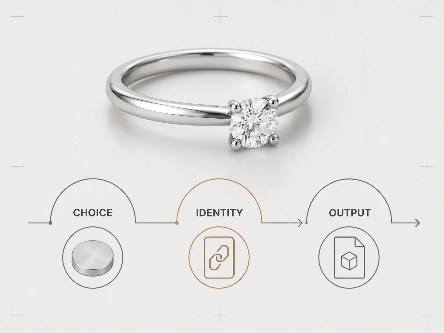 One solitaire ring passes through choice, identity and output arches, illustrating how a shopper label must resolve to canonical data and a specific production instruction.