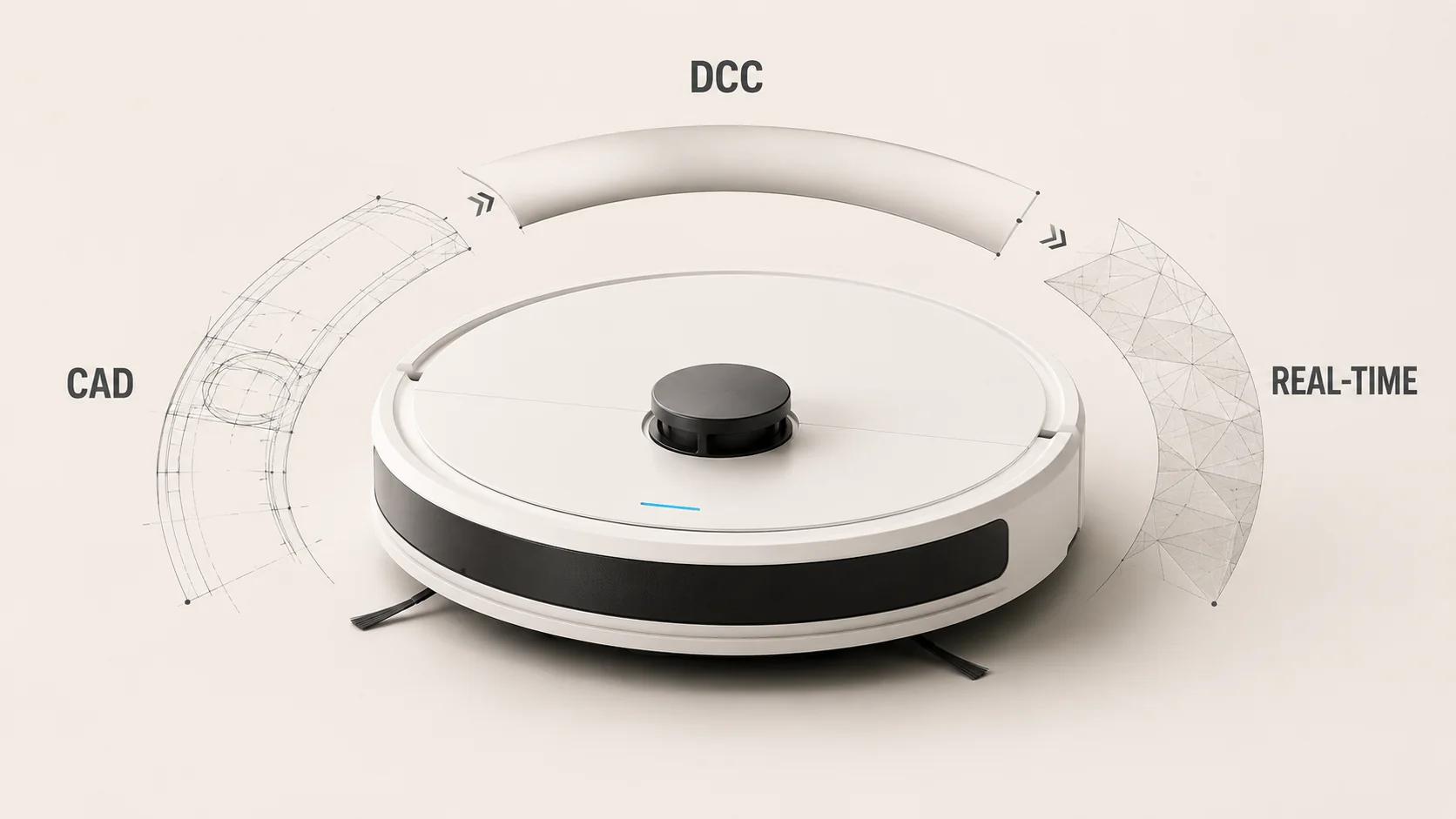 One compact robotic vacuum is surrounded by precise CAD curves, a shaded DCC arc, and a sparse triangular real-time arc to show three different model purposes.