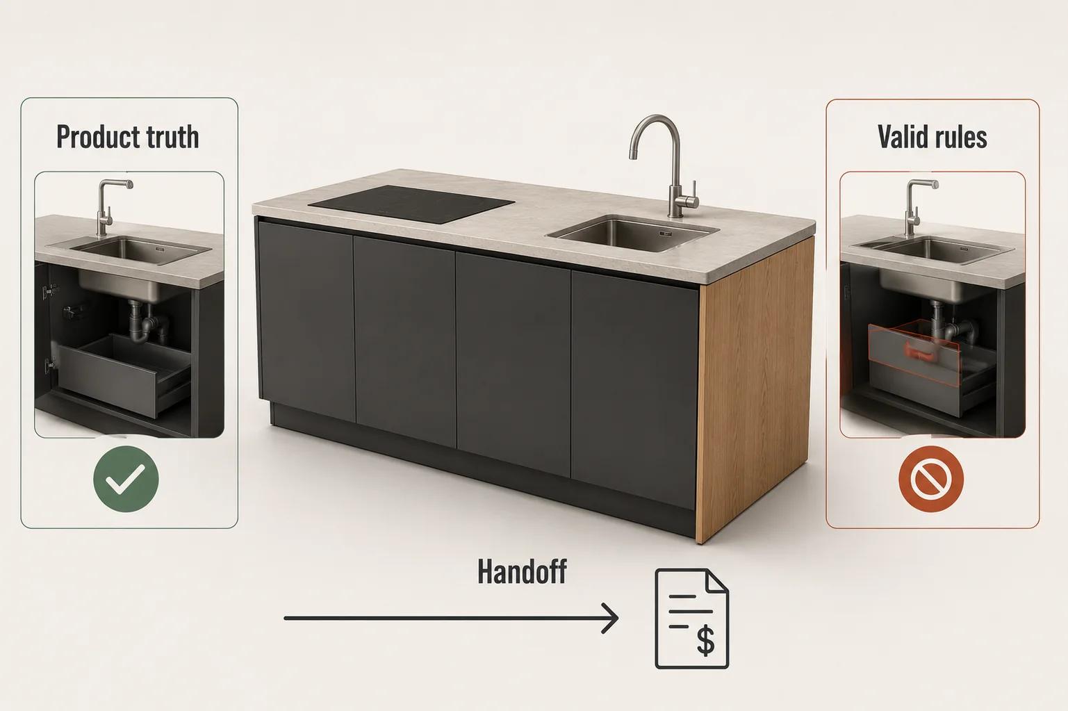 A configurable kitchen island dominates the scene with two panels showing an approved configuration and a blocked incompatible option.