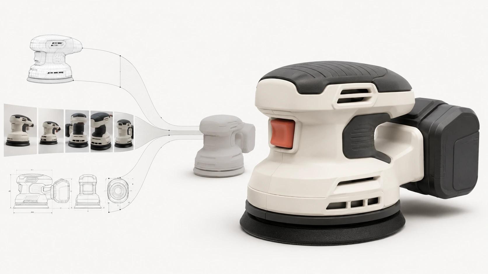 CAD surfaces, sparse photo coverage and drawing dimensions converge into a finished orbital sander render, showing three distinct evidence paths.