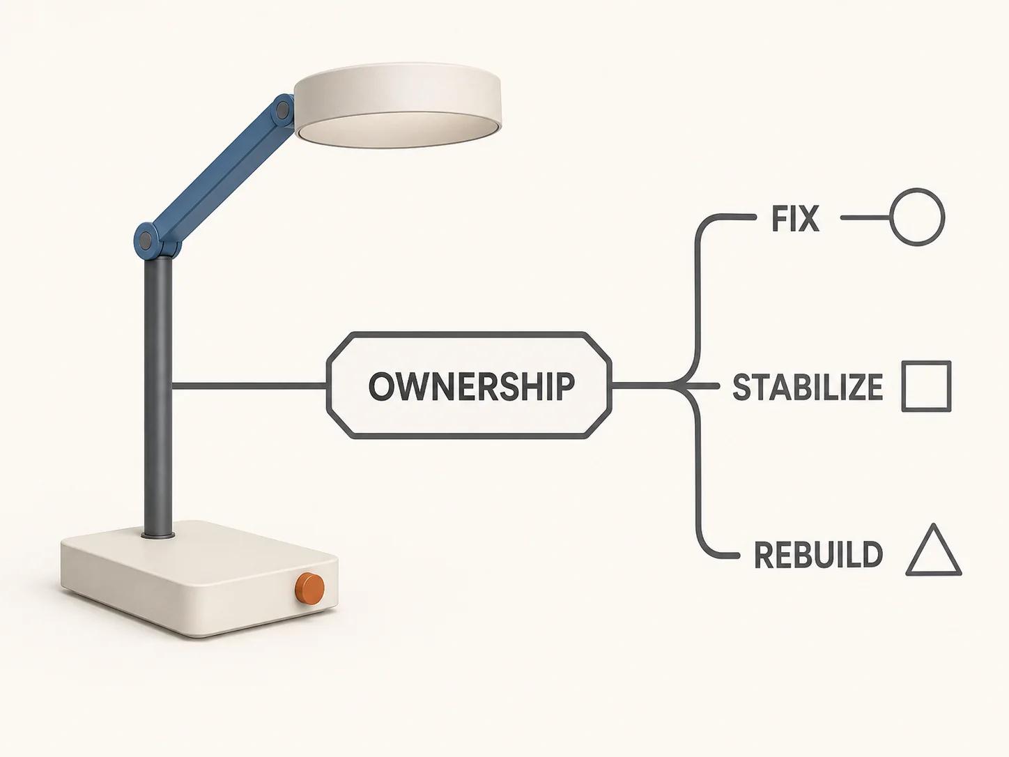 A modular lamp passes an ownership gate before neutral branches for fix, stabilize and rebuild, showing that evidence controls the route.