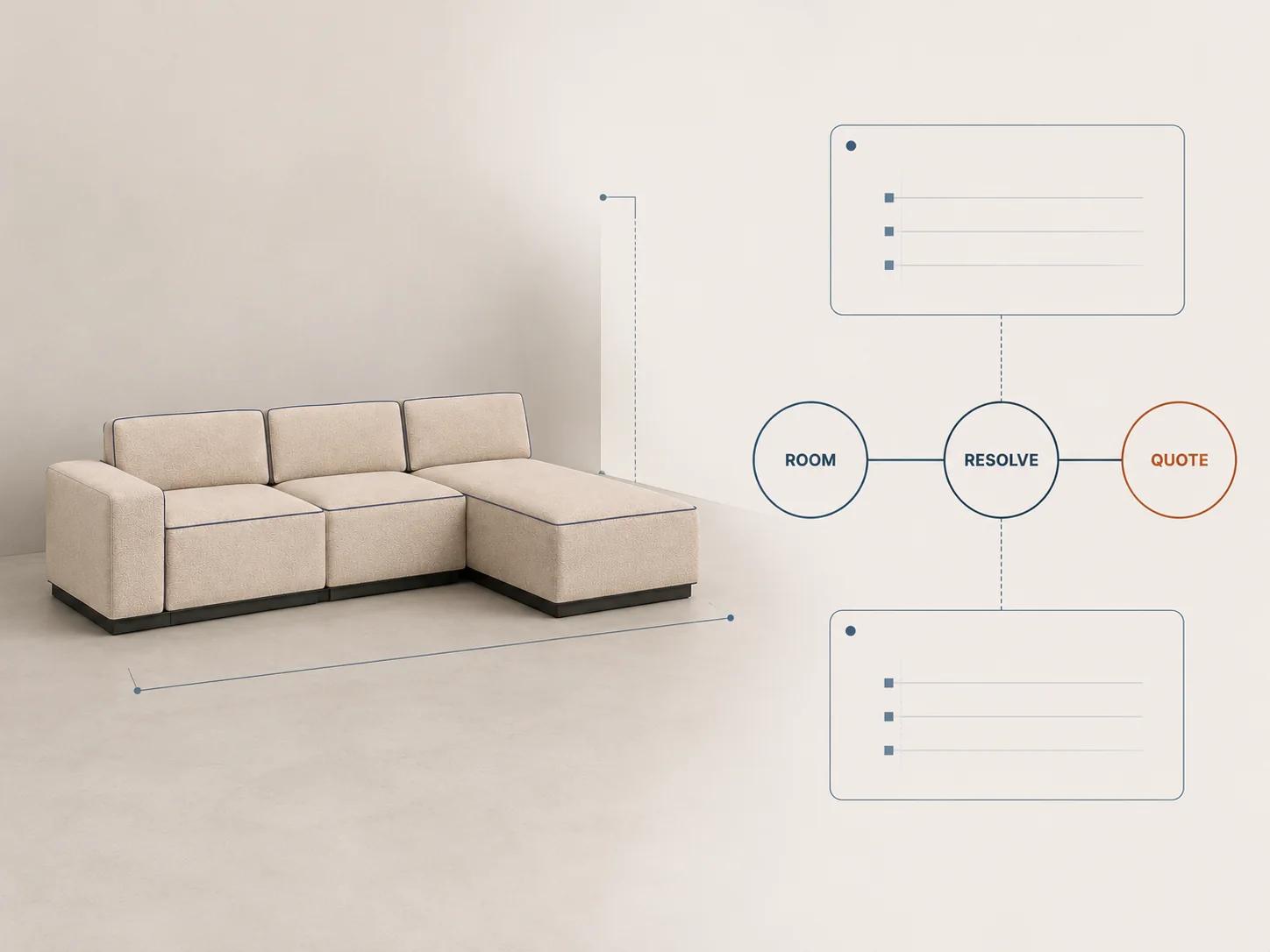 A modular sofa moves from measured room context through rule resolution to a separate quote record.