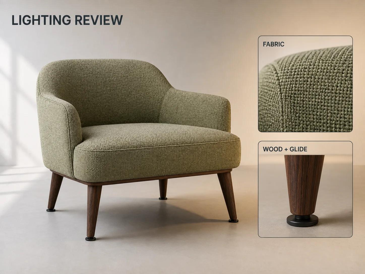 One lounge chair is reviewed across a soft bright-to-dim light field with focused callouts for woven fabric, walnut legs and black floor glides.
