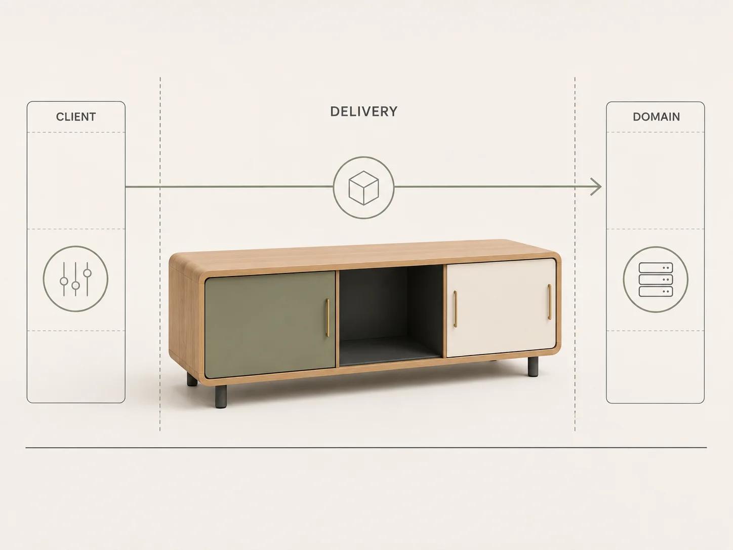 One storage console bridges client, delivery and domain zones through a single state spine, showing that browser presentation and authoritative systems have separate owners.