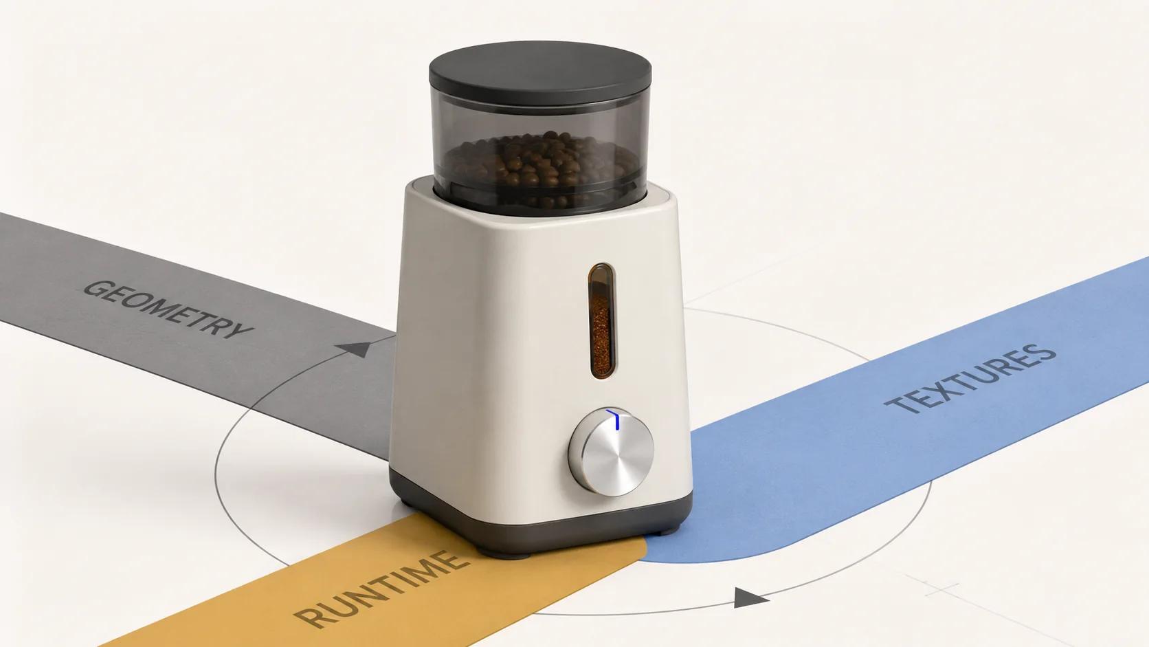 A compact coffee grinder is surrounded by separate geometry, texture, and runtime budget rails, showing that web readiness needs more than one file-size number.